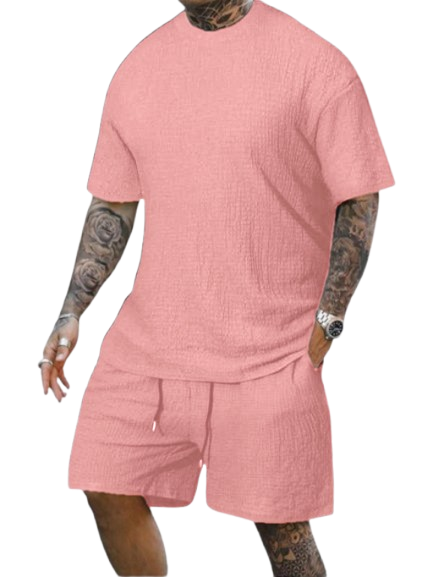 8 Pack-Men's Solid Textured Round Neck Tee & Drawstring Waist Shorts