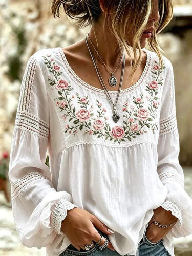 Loose-fitting a Crew Neck And Vintage Print Long-sleeve Top