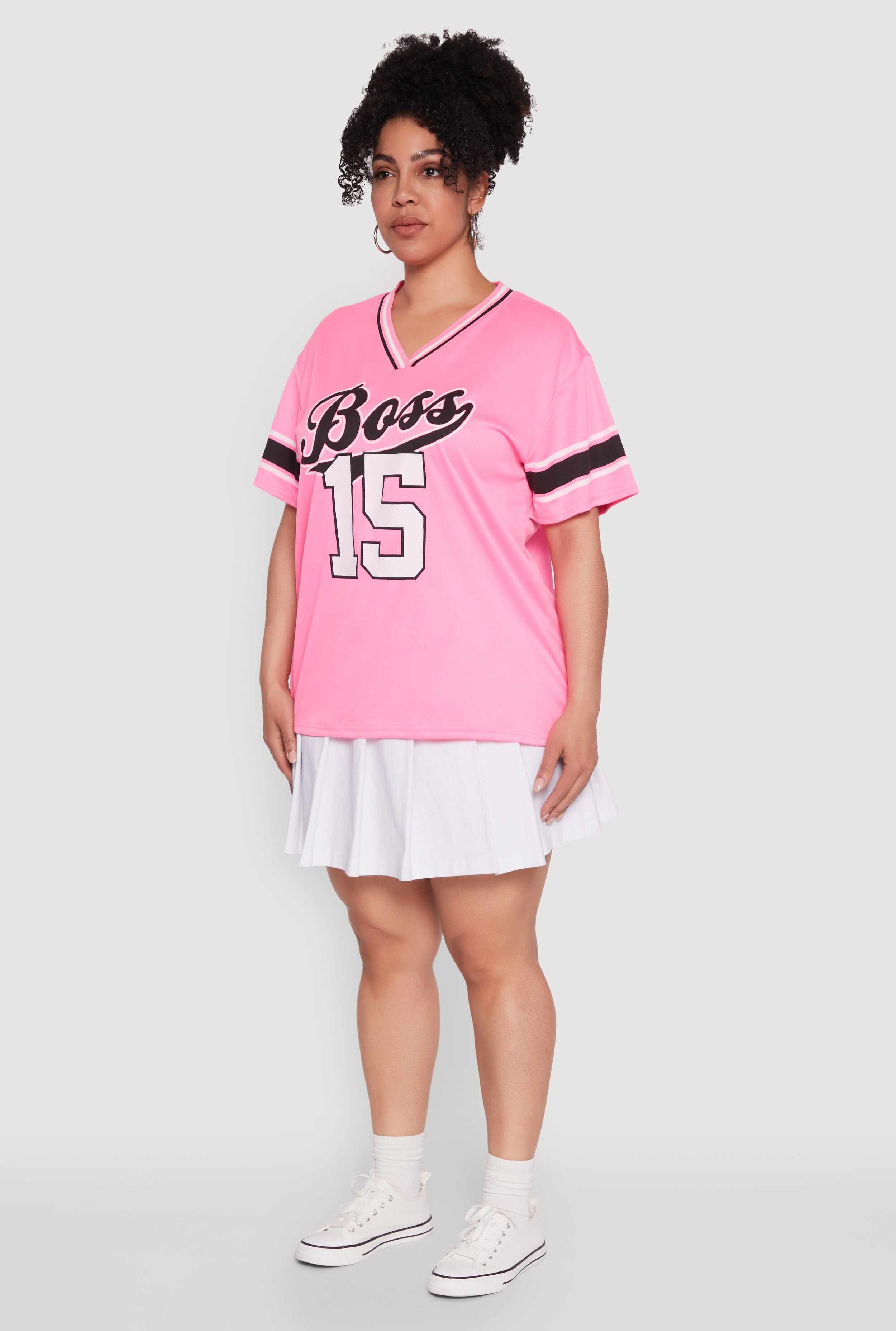 Plus Size Varsity Stripe Boss 15 Graphic Jersey