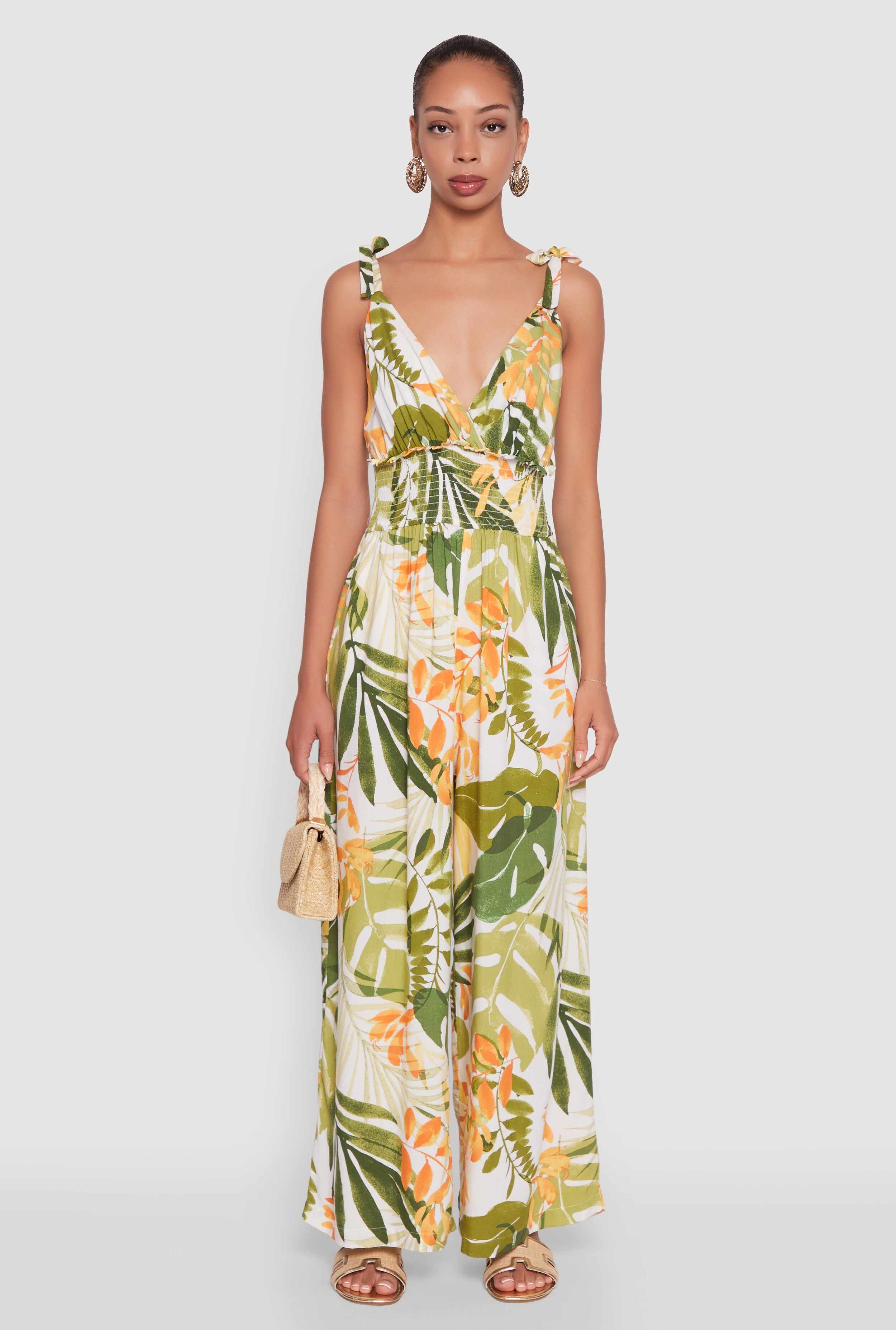 Iris Tropical Leaf Print Sleeveless V-Neck Jumpsuit with Tie Straps