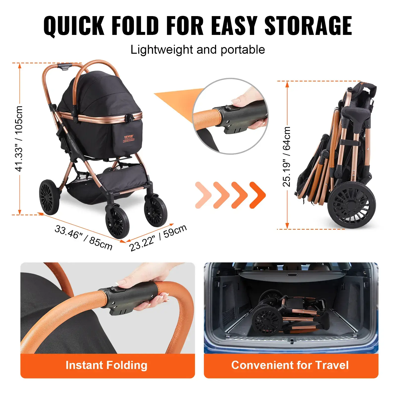 Pet Stroller,  4 Wheels Dog Stroller Rotate with Brakes, 66 lbs Weight Capacity, Puppy Stroller with Detachable Carrier, Storage Basket and Pet Pad, for Small to Medium Sized Dogs, Black