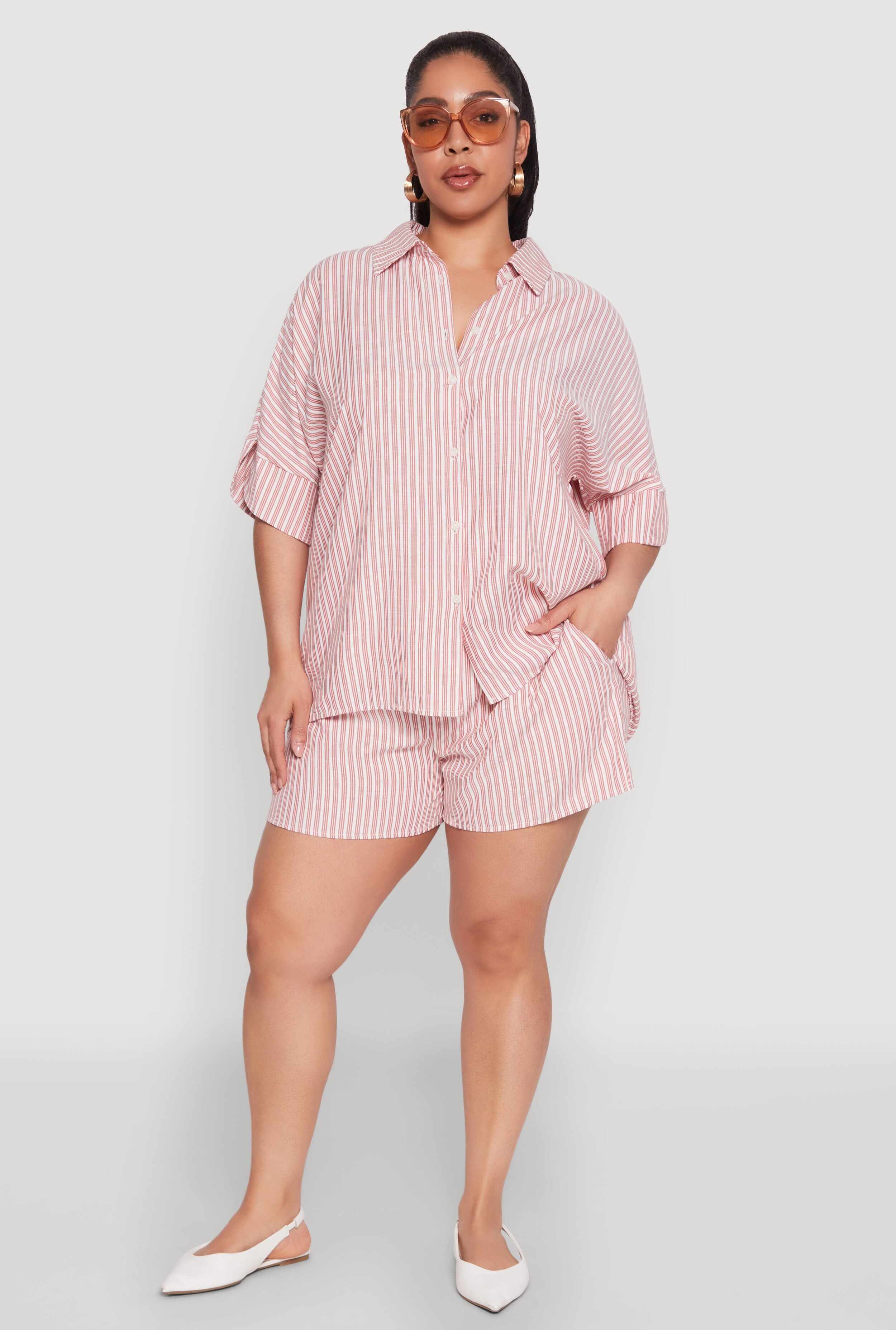 Plus Size Striped Elastic Waist Shorts