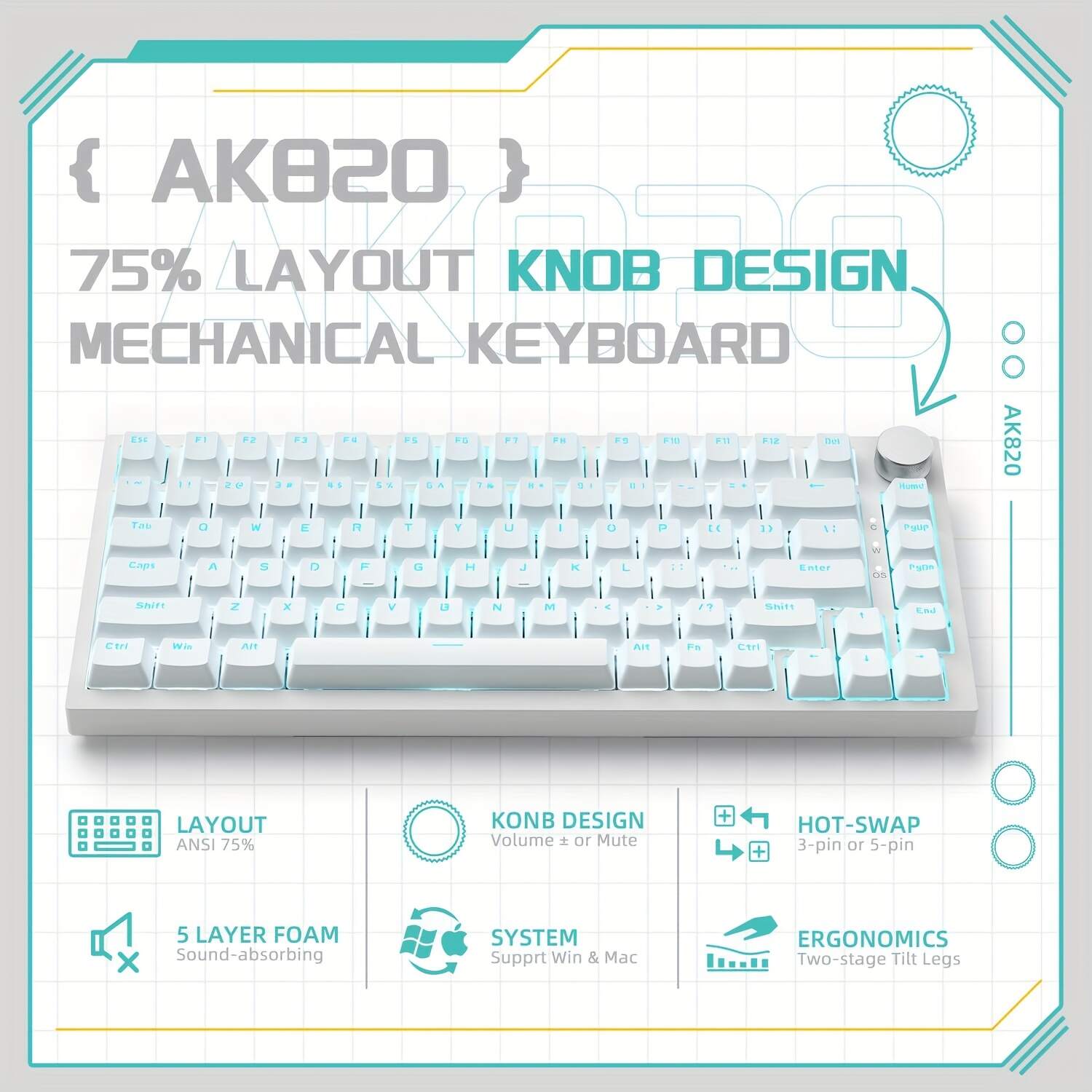 Wired Mechanical Gaming Keyboard | 75% Compact Design, Hot Swappable, PBT Keycaps, Ice Blue Backlit, Ergonomic Layout, Durable Metallic Finish | Efficient Typing for PC/Win/Mac