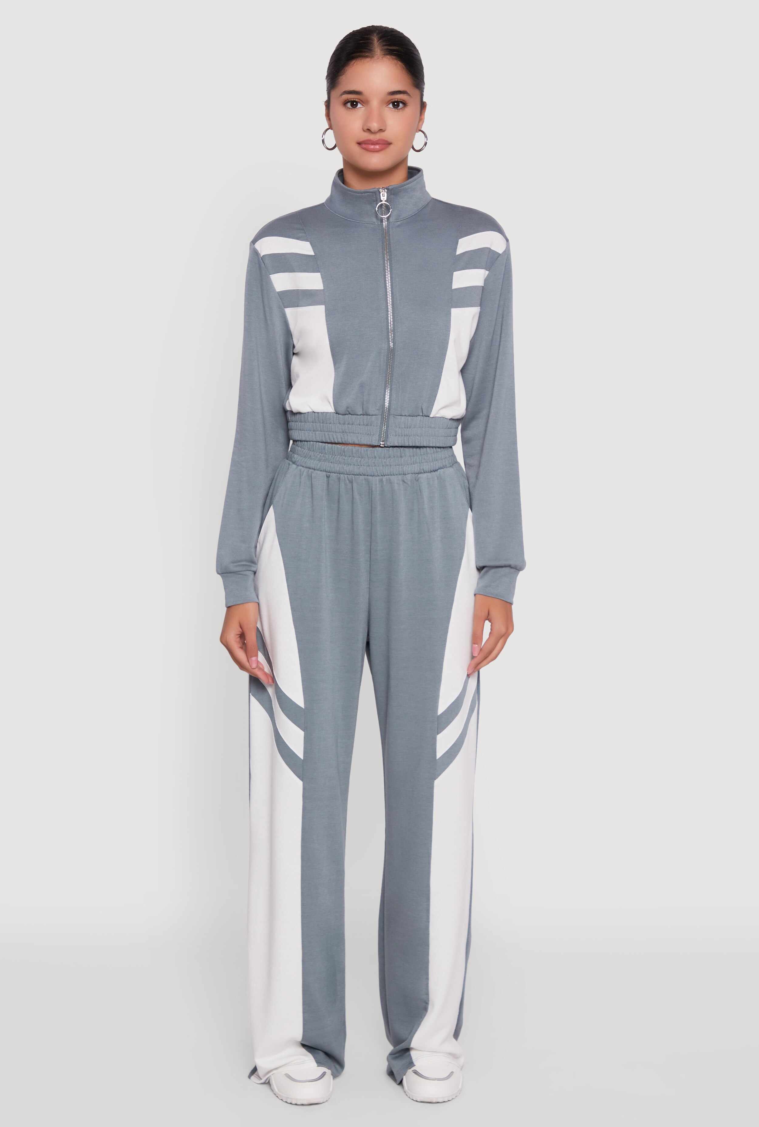 Color Block Cropped Zip Front Track Jacket