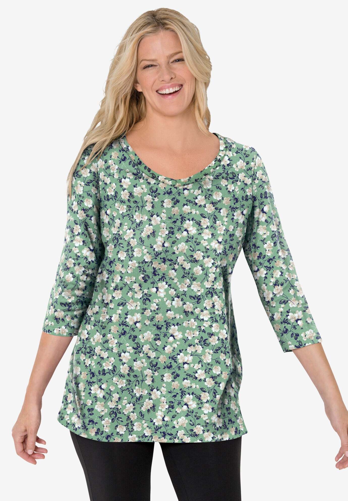 Perfect Printed Three-Quarter Sleeve V-Neck Tee