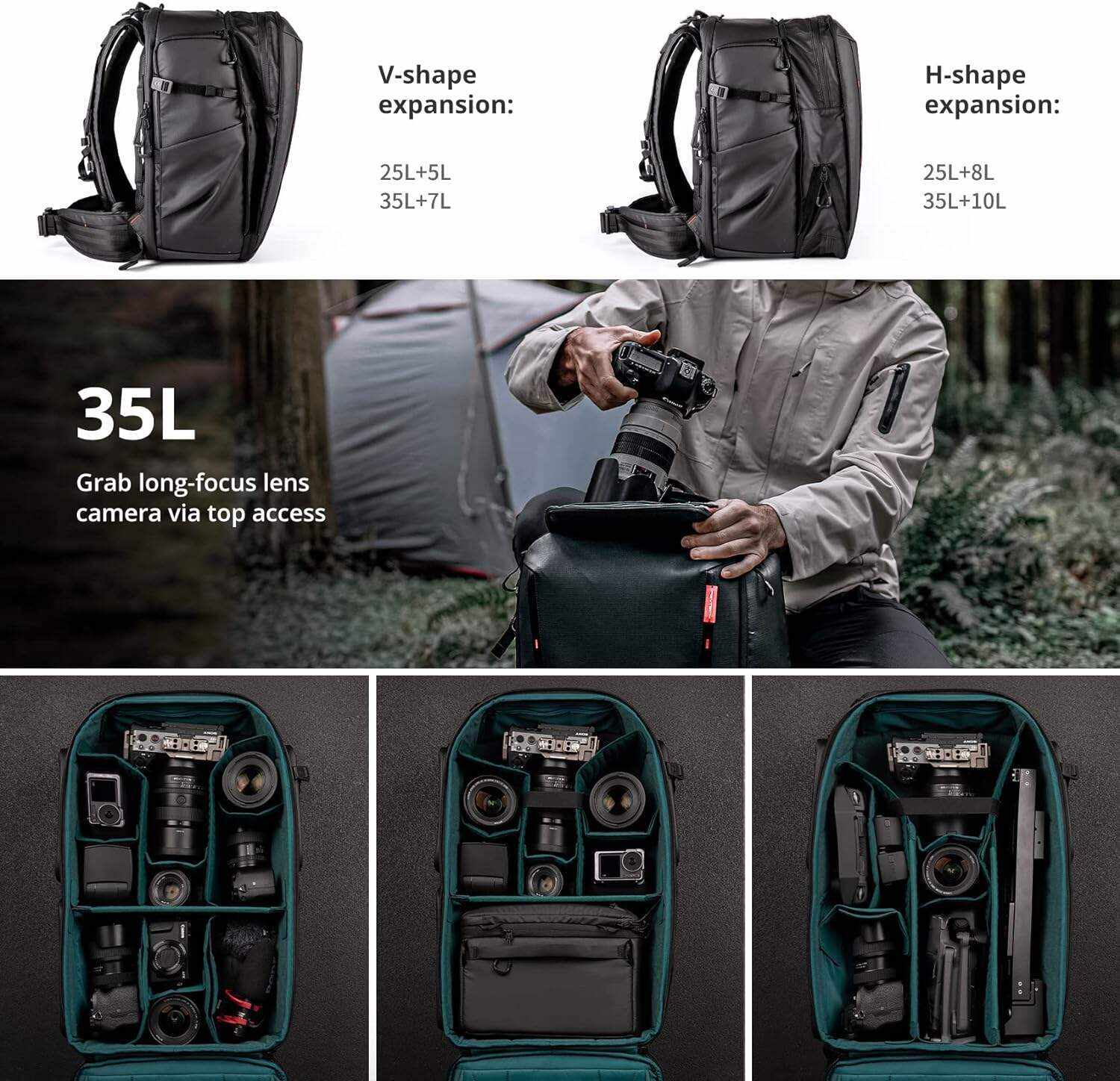 PGYTECH OneMo 2 35L-45L Camera Backpack with Shoulder Bag for 17“ Laptop for Photographers, Waterproof DSLR Backpack for Canon/Nikon/Sony, Drone Backpack for DJI Mini 3 Pro/Mavic 3/ FPV, Black