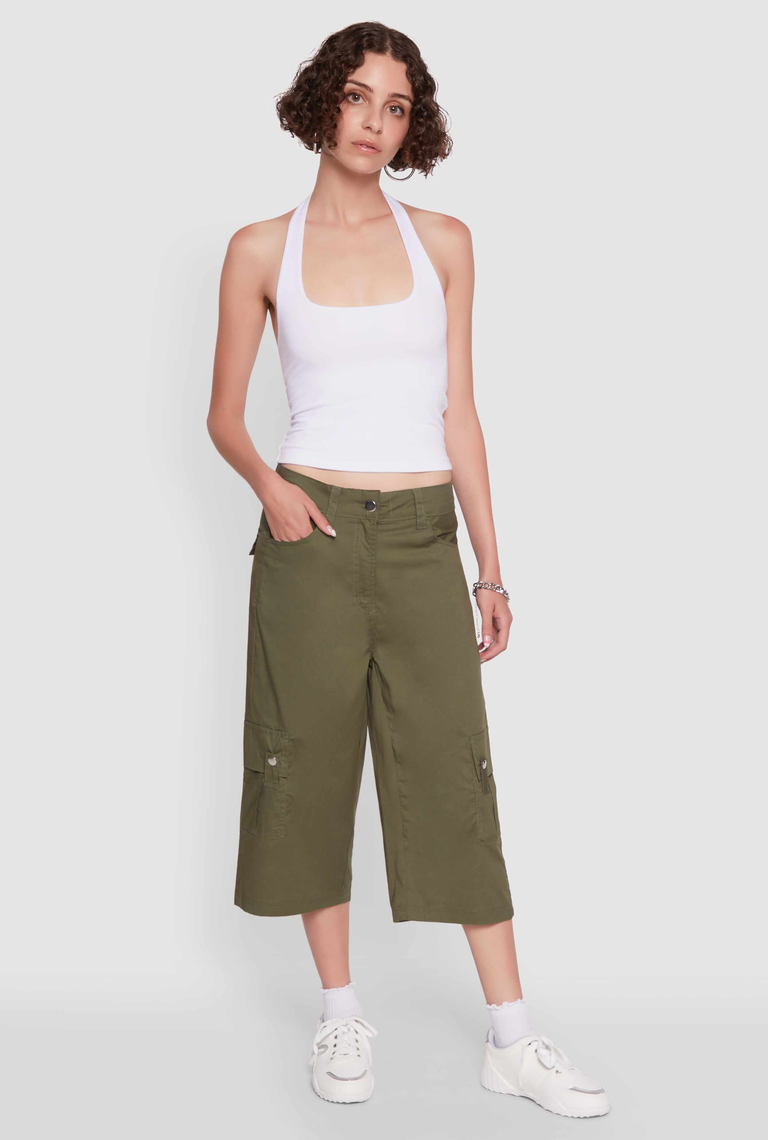 Wide Leg Cargo Pocket Capris Pants