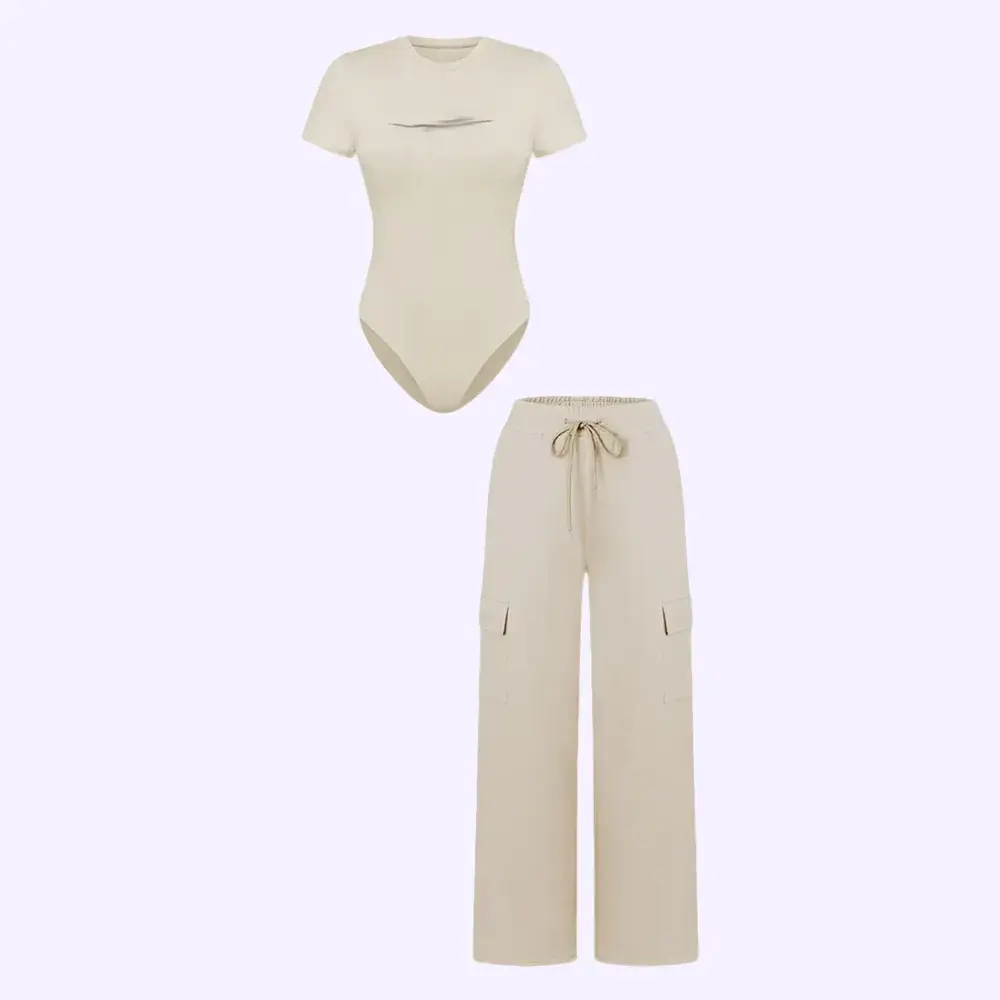 🔥Spring Fresh Sale 🎁Women's Knit Letter Print Two-Piece Set, Casual Fitted Short Sleeve Round Neck Jumpsuit & Drawstring Long Pants
