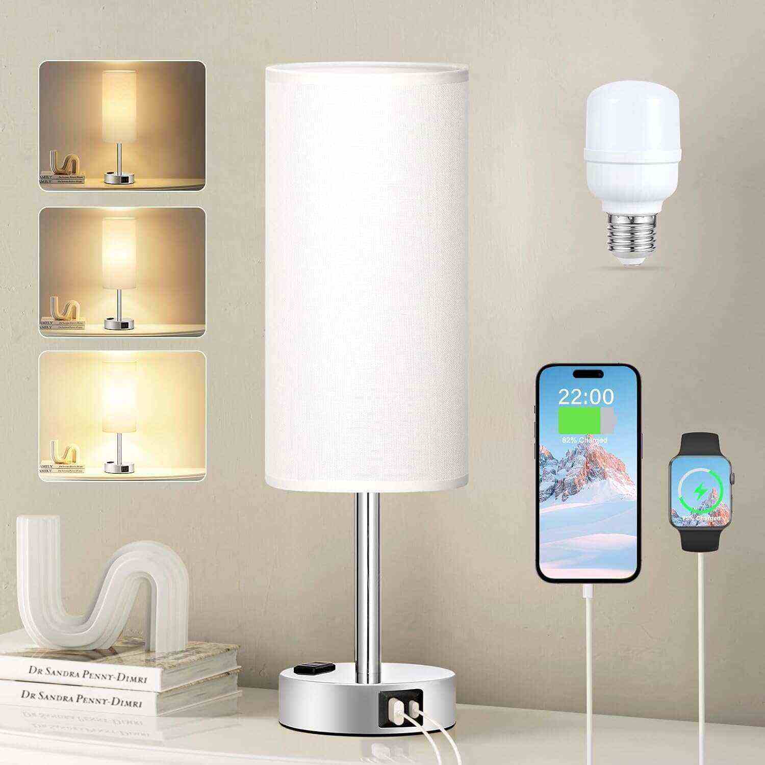 Bedside Table Lamp for Bedroom - 3 Way Dimmable Touch Lamp USB C Charging Ports and AC Outlet, Small Lamp Wood Base Round Flaxen Fabric Shade for Living Room, Desk, LED Bulb Included