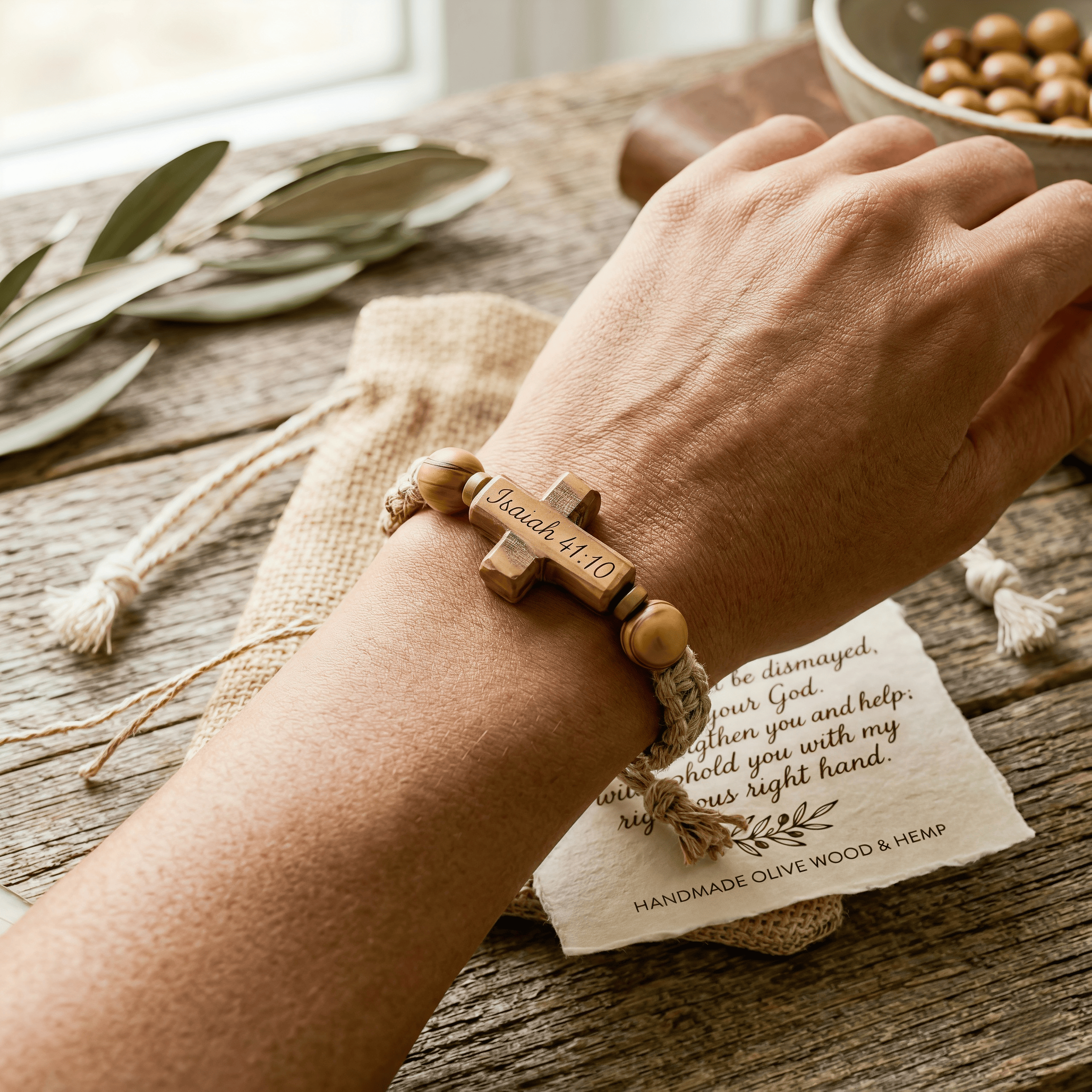 Isaiah 41:10—Handcrafted Olive Wood Faith Bracelet
