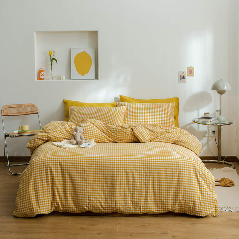 Washed Cotton Bed Sheet Set - Yellow Square