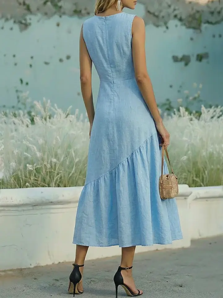 🔥Summer Arrivals🌟Women's Sleeveless Linen And Cotton Ruffle Hem Dress