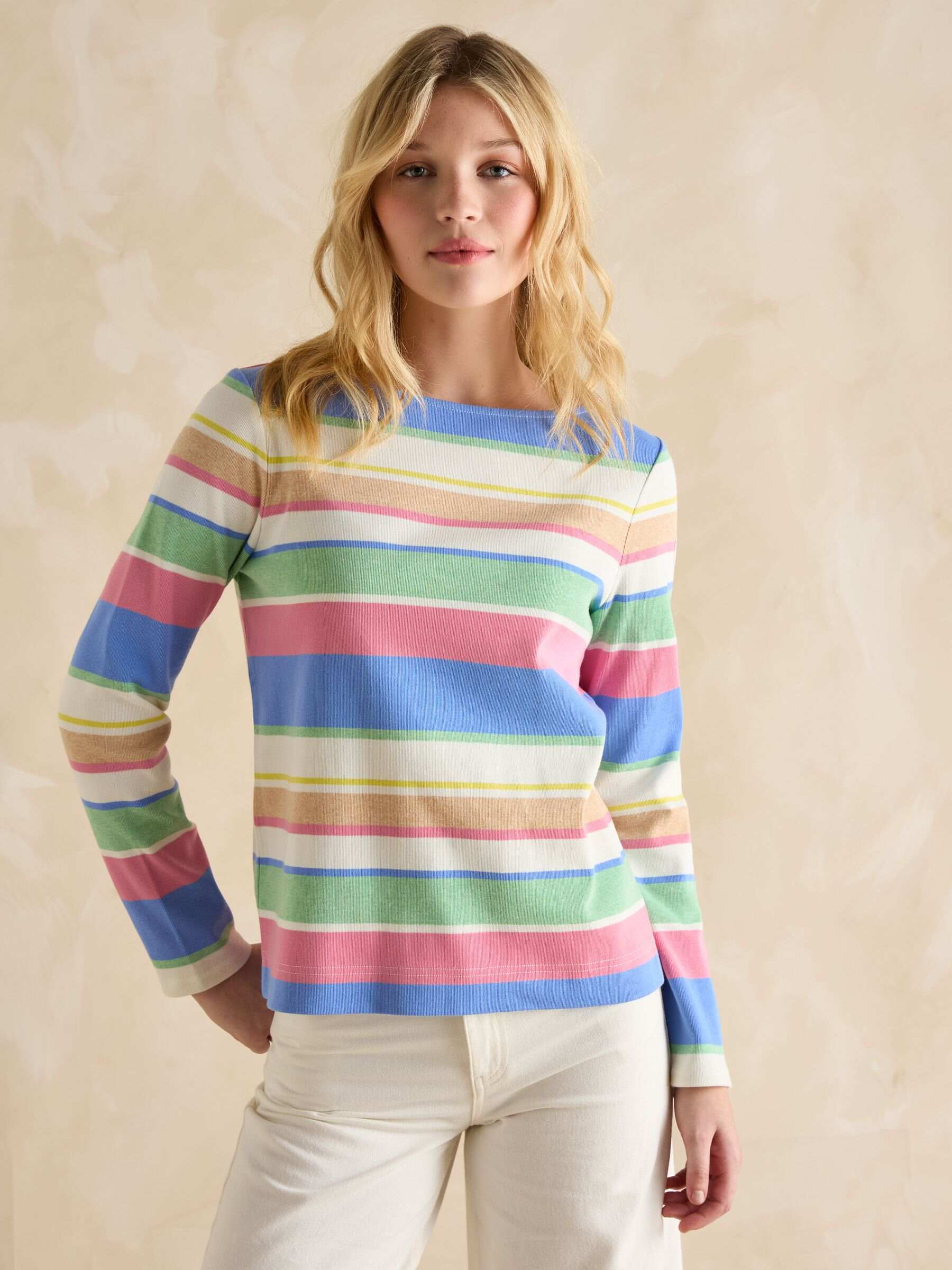 Harbour Green and Pink Elevated Stripe Pastel Boat Neck Breton Top