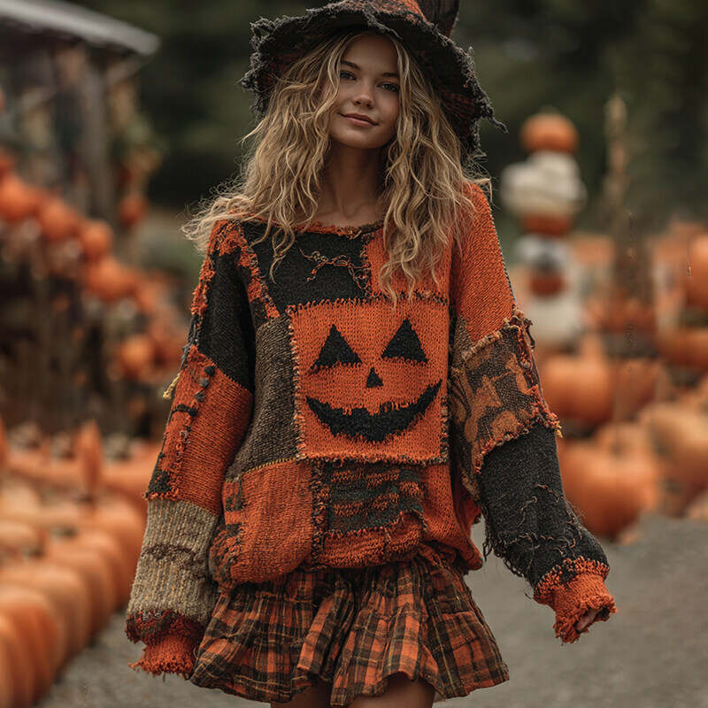 Vintage Patchwork Halloween Pumpkin Face Art Cozy Knit Sweater
