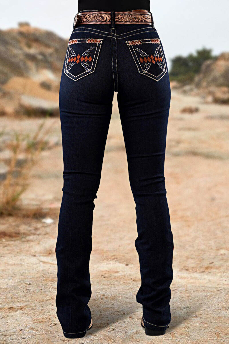 Wash Geo Embroidery Rhinestone Decor Mid Rise Bootcut Jeans Without Belt