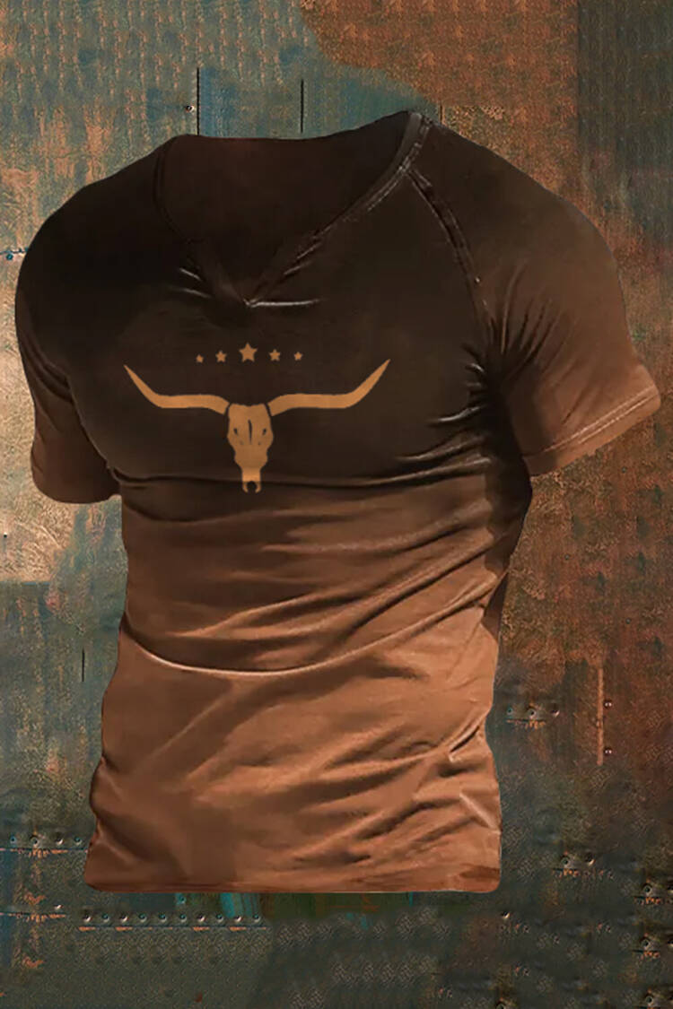 Western V Neck Gradient Bull Head Print T Shirt