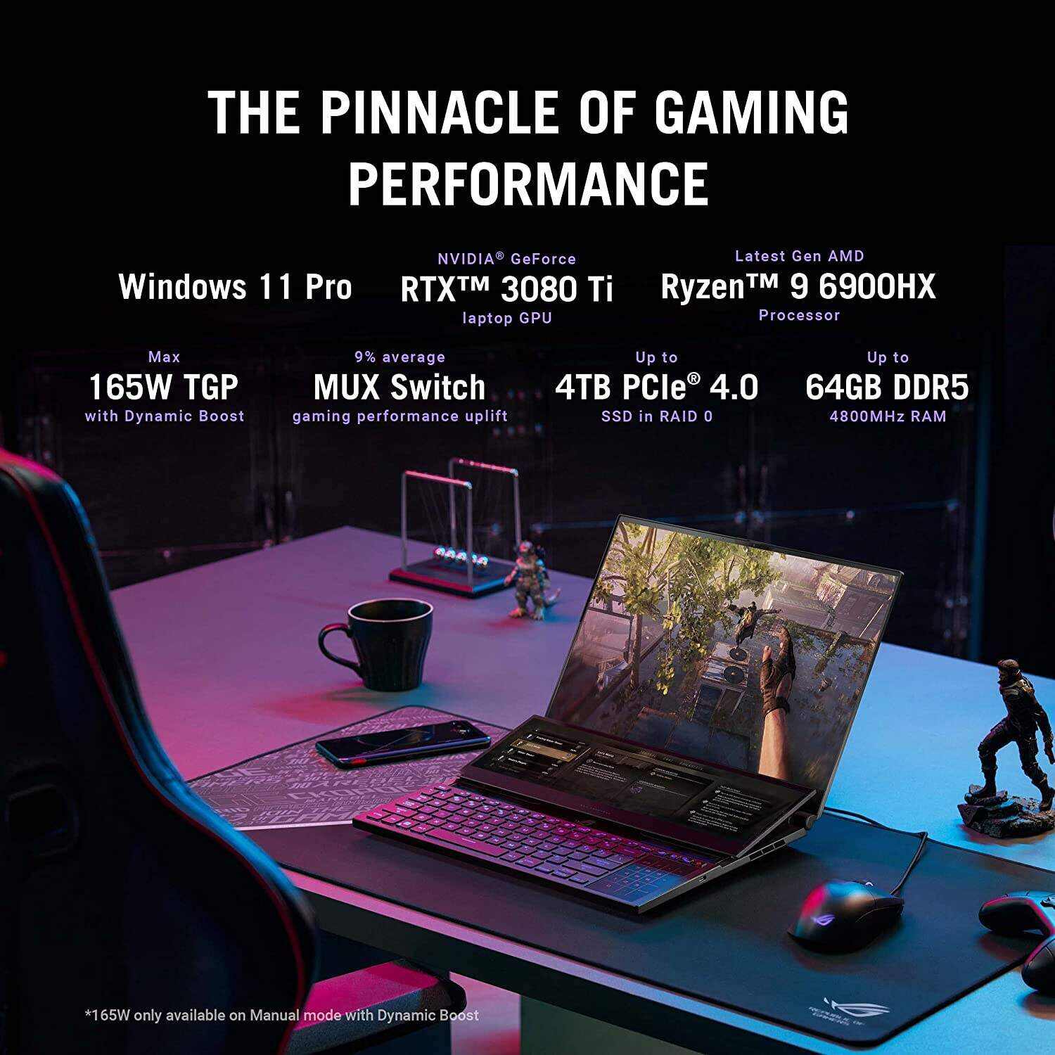 ROG Zephyrus Duo 16 (2022) Gaming Laptop, 16” Mini LED 240Hz/3ms, QHD 16:10 Display, 100% DCI-P3, NVIDIA GeForce RTX 4080, AMD Ryzen 9 7945HX, 32GB DDR5, 1TB SSD, Windows 11 Pro, GX650PZ-XS96