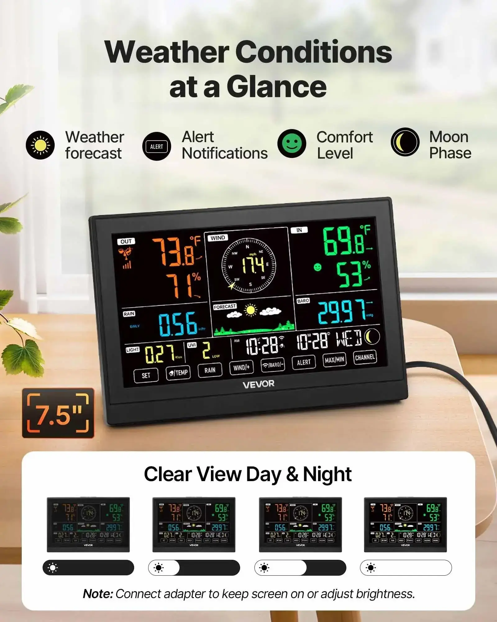 7-in-1 Wi-Fi Weather Station with APP, 7.5-Inch VA Display, Wireless Solar Powered Outdoor Sensor, Rain Gauge, Indoor Outdoor for Weather Forecast, Wind Speed, Temperature, Humidity, Rainfall
