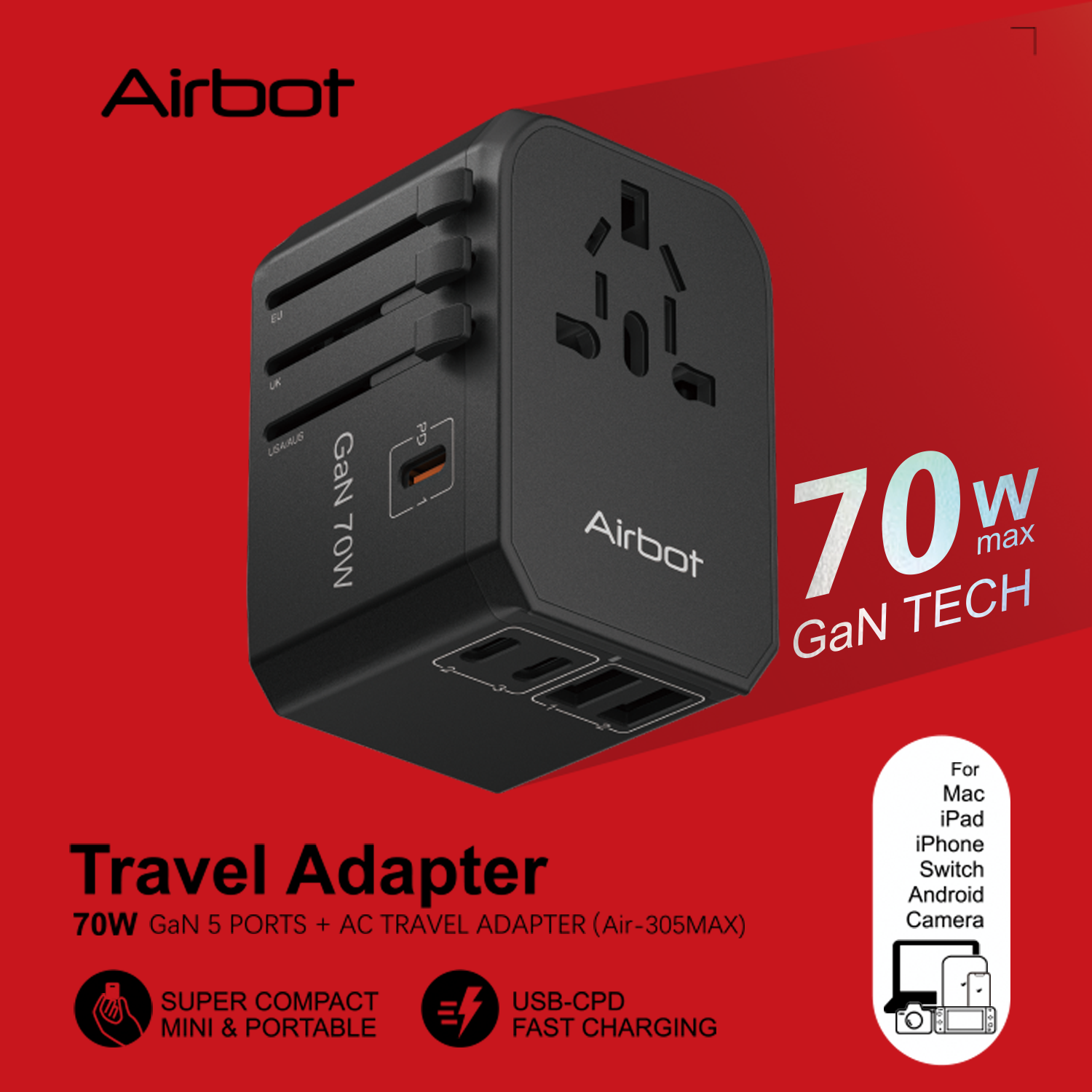 Airbot Air-305MAX Universal Travel Adapter 70W International Worldwide Multi Adapter with USB + Type-C PD