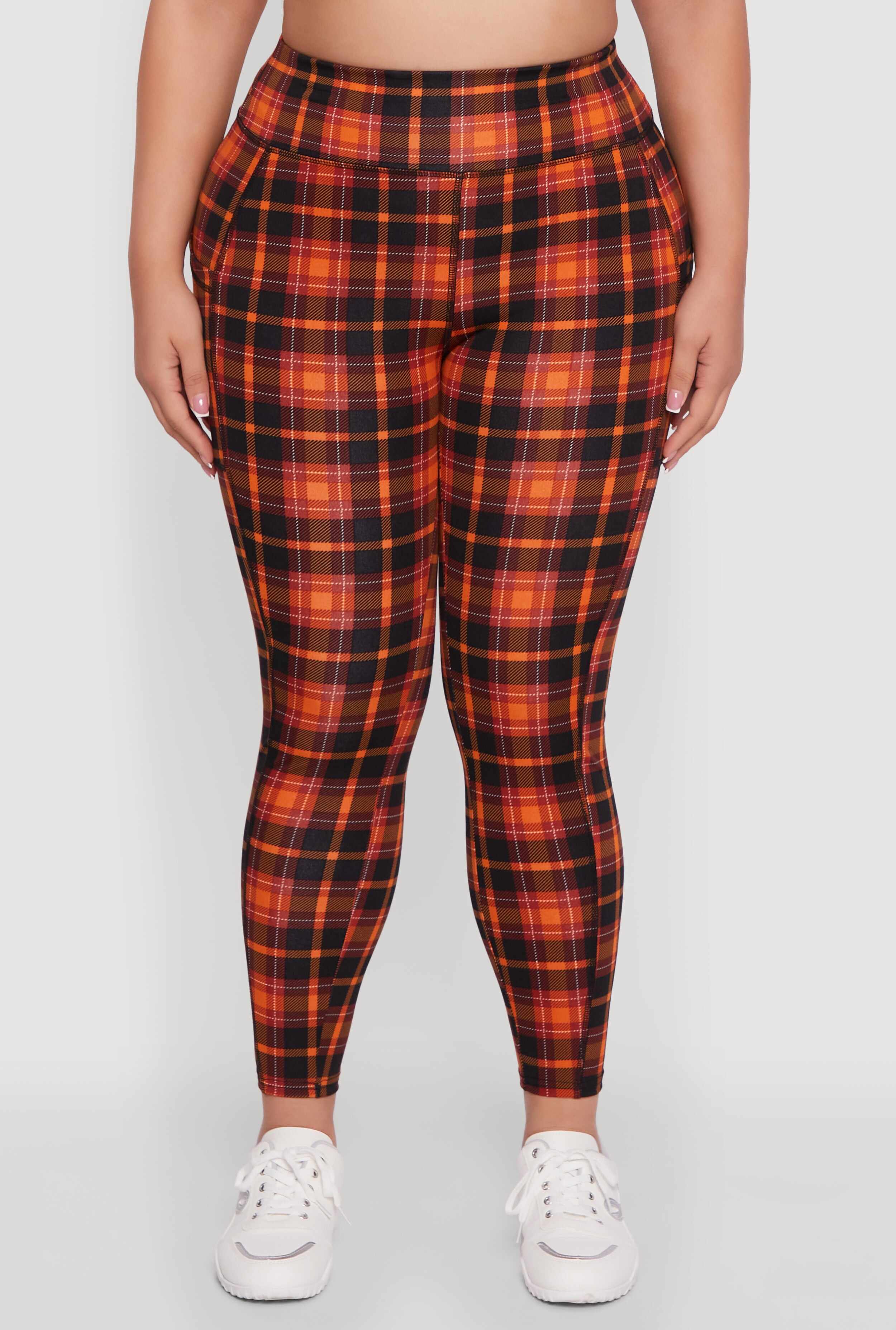 Plus Size High Waisted Cell Phone Pocket Plaid Leggings