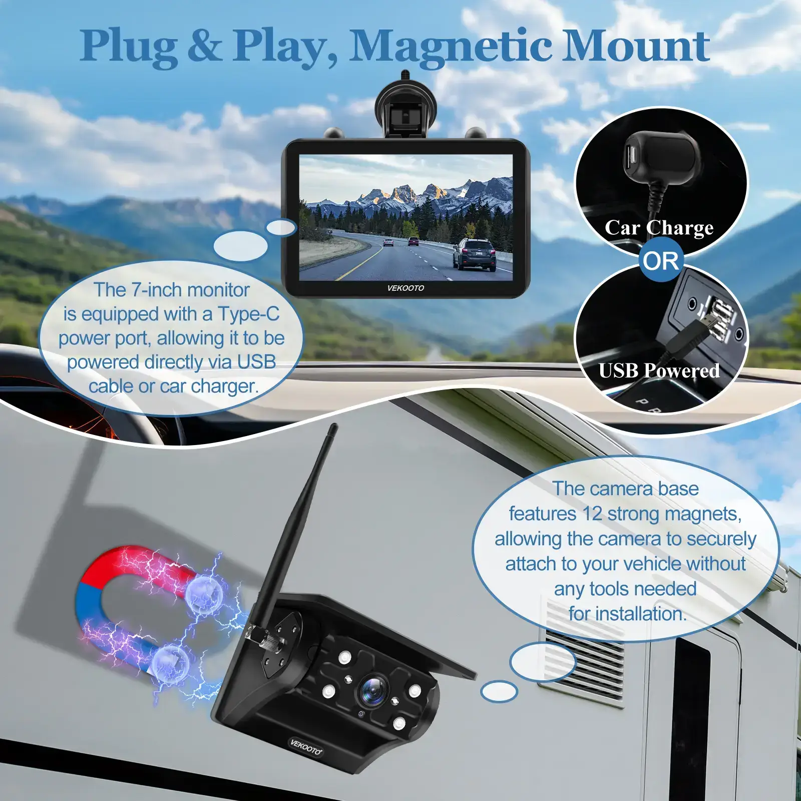Magnetic Solar Wireless Backup Camera 7'' IPS Touchscreen Monitor HD1080P No Wiring Rechargeable Camera for RV Trailer Camper Car Blind Spot Truck Automotive Backup Camera for Truck IP69 Waterproof IR Night Vision SummerVibes farmer