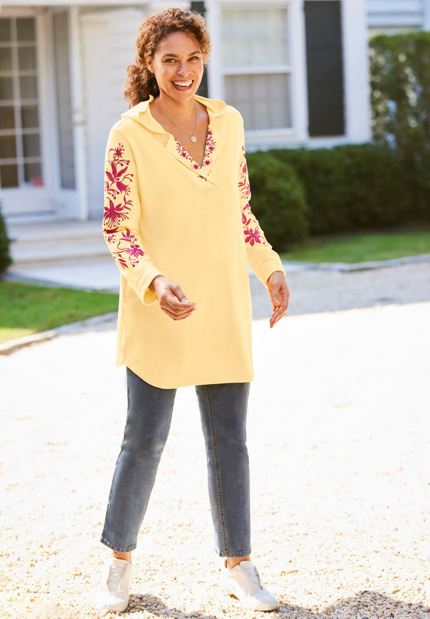 Embroidered Split-Neck Sweatshirt Tunic