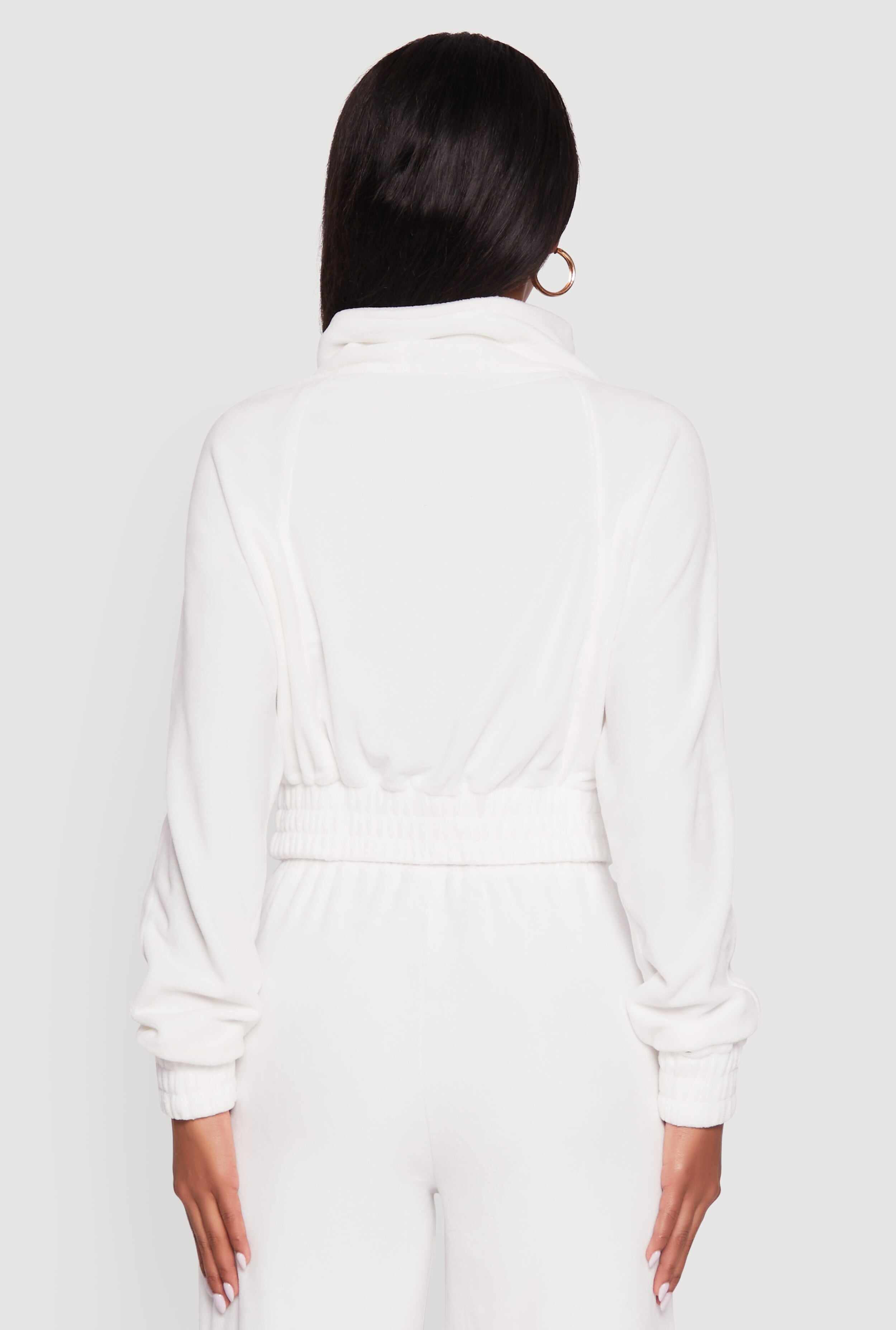 Velour Drawstring Mock Neck Cropped Zip Front Sweatshirt