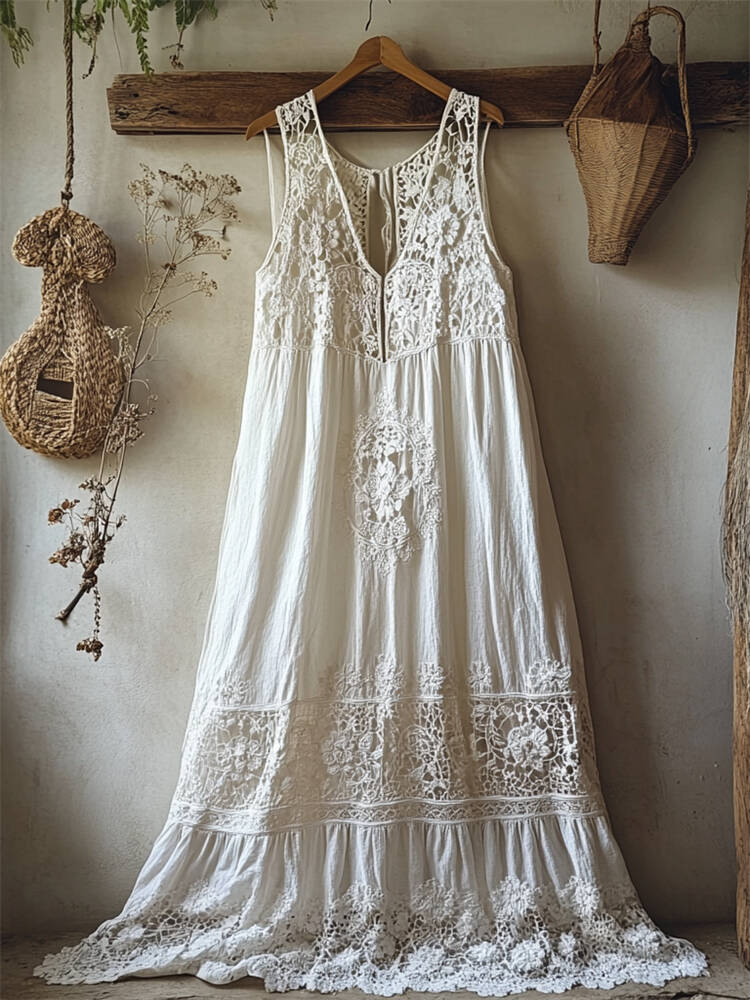 Boho Floral Hollow Lace Patchwork Linen Maxi Dress
