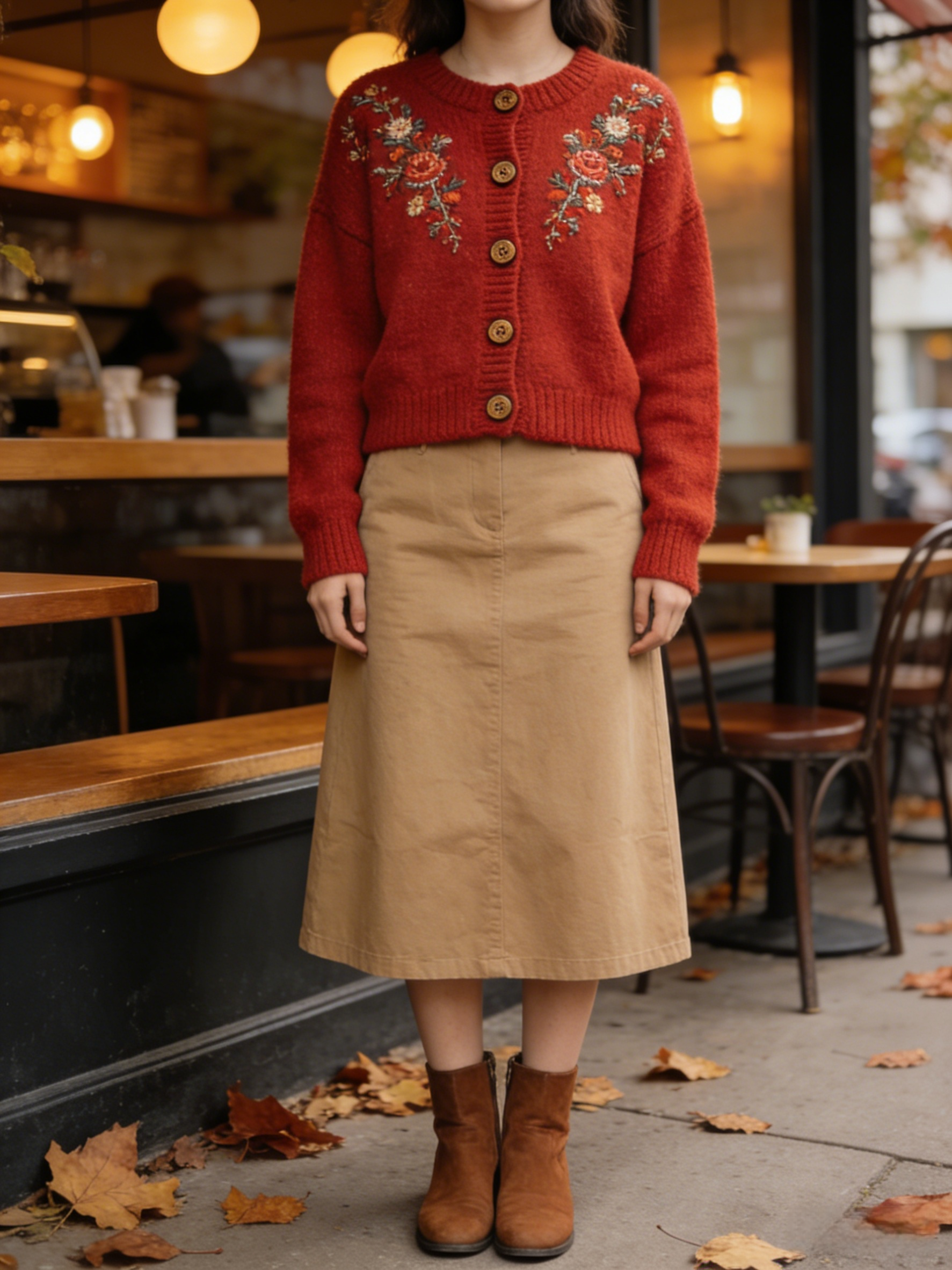 Art Red Embroidered Button Knit Cardigan Fall