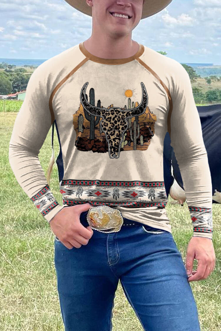 Desert Bull Head Western Print Long Sleeve T-Shirt