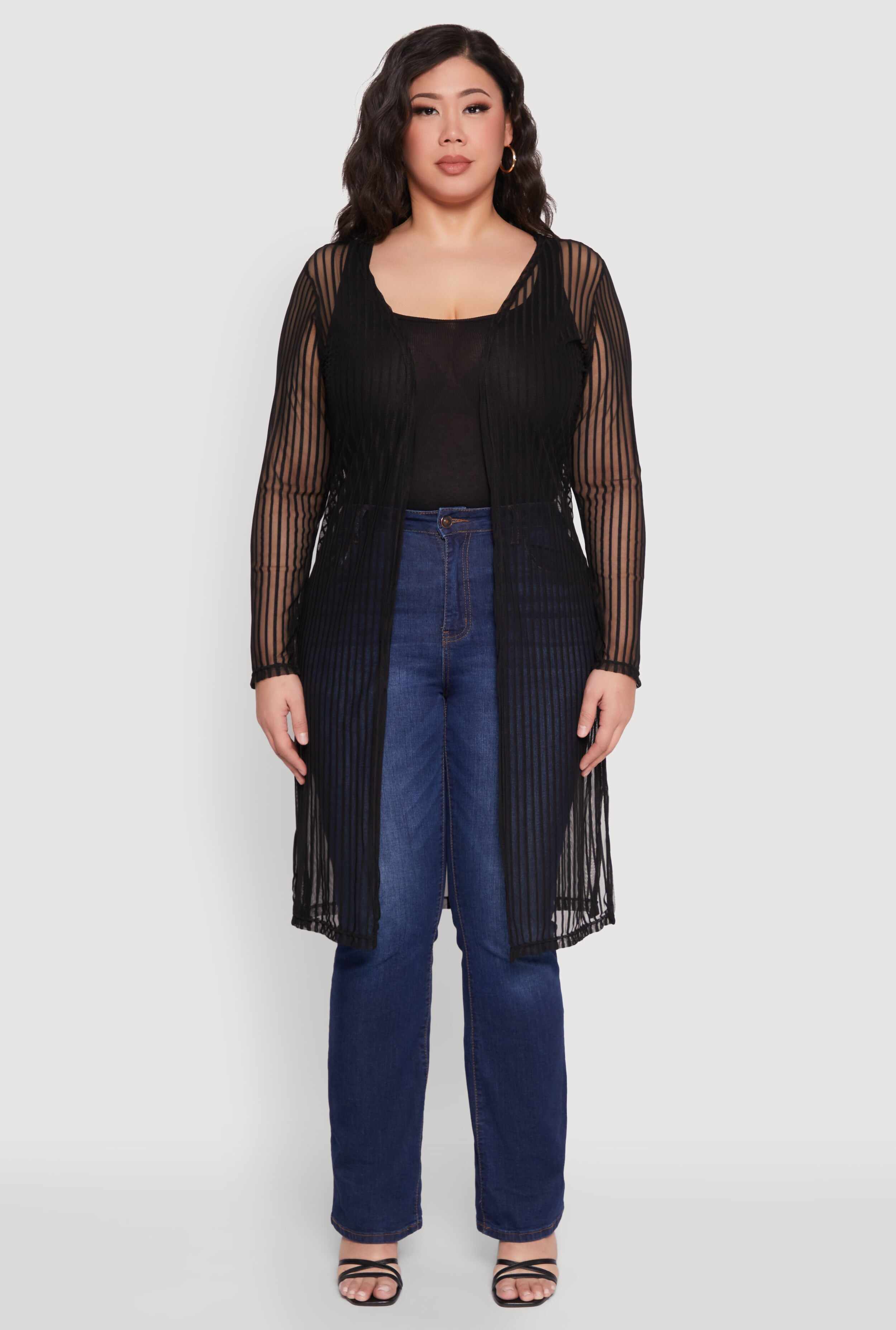 Plus Size Shadow Stripe Mesh Duster
