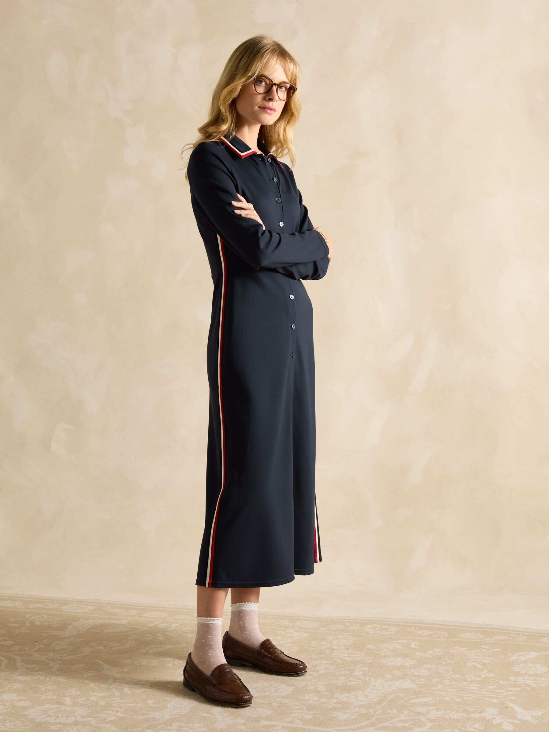 Pia Navy Blue Button Down Ponte Maxi Dress