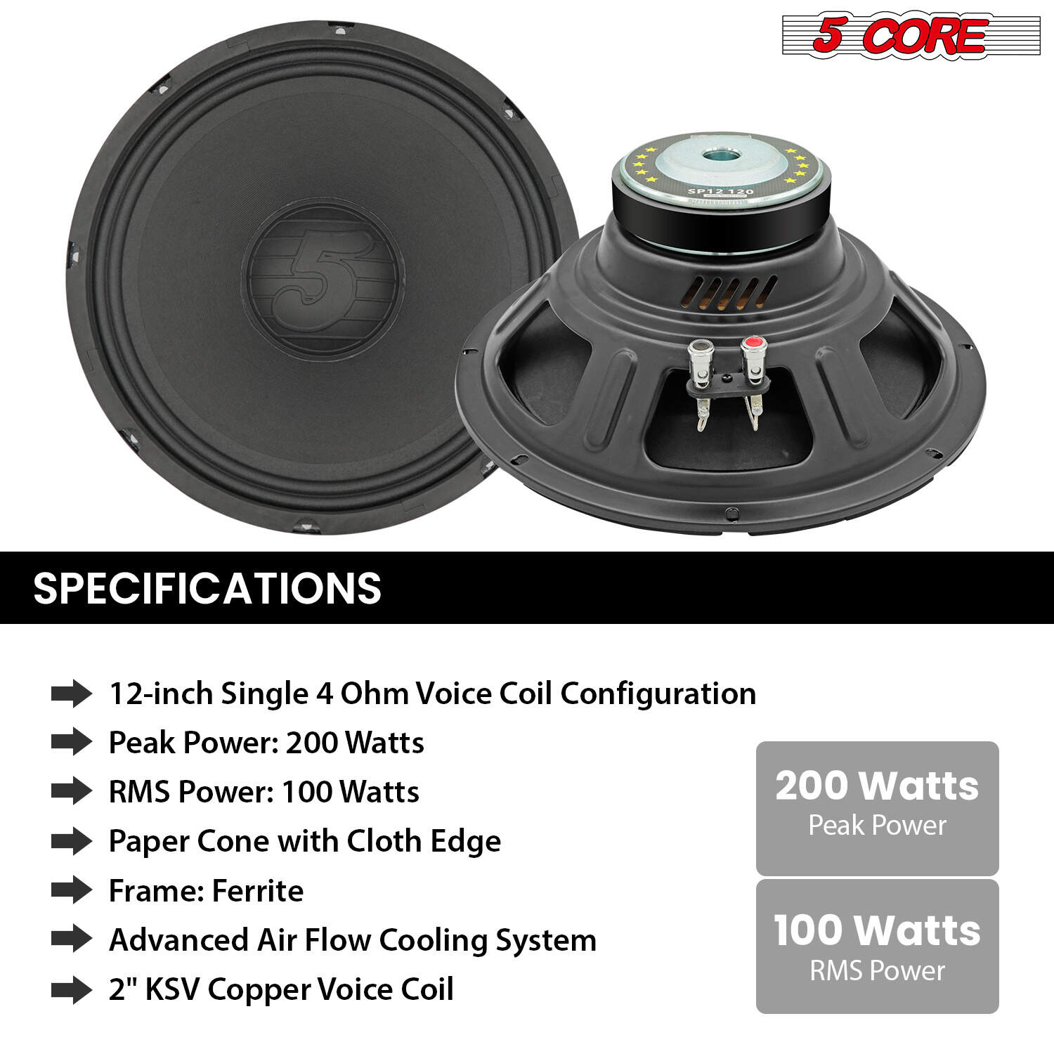 5 Core 12 Inch Speaker 200W Car Loudspeaker 4 Ohm Replacement Driver w 30 Oz Y30 Magnet for Vehicle-SP 12120 4OHMS