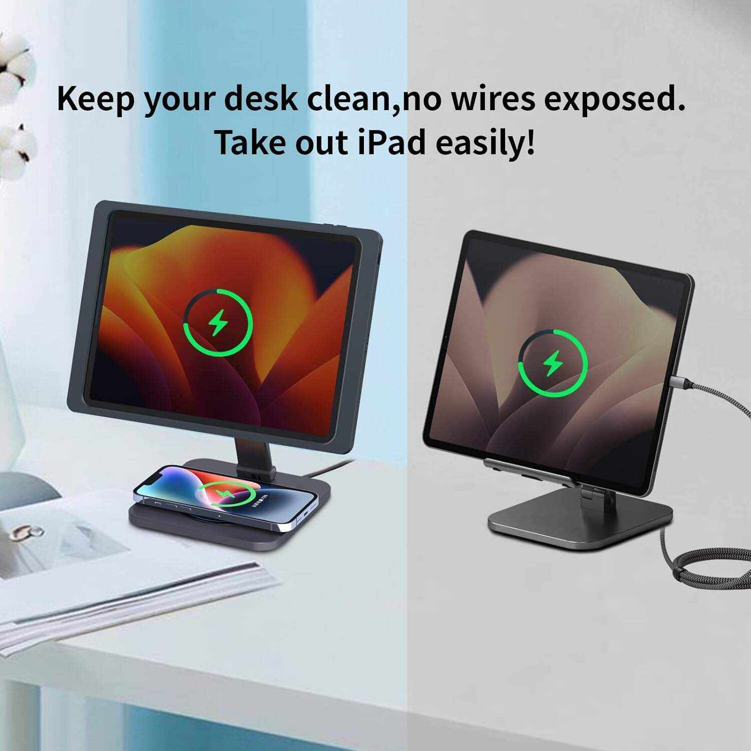 EMONITA Magnetic Stand with Charging Case for 10.2 Inch 7th / 8th / 9th Gen (2021/2020/2019). 18W USB C Fast Charging Cable Included, Foldable L Shape, Strong Magnets, 360 Rotation, 180 Tilt