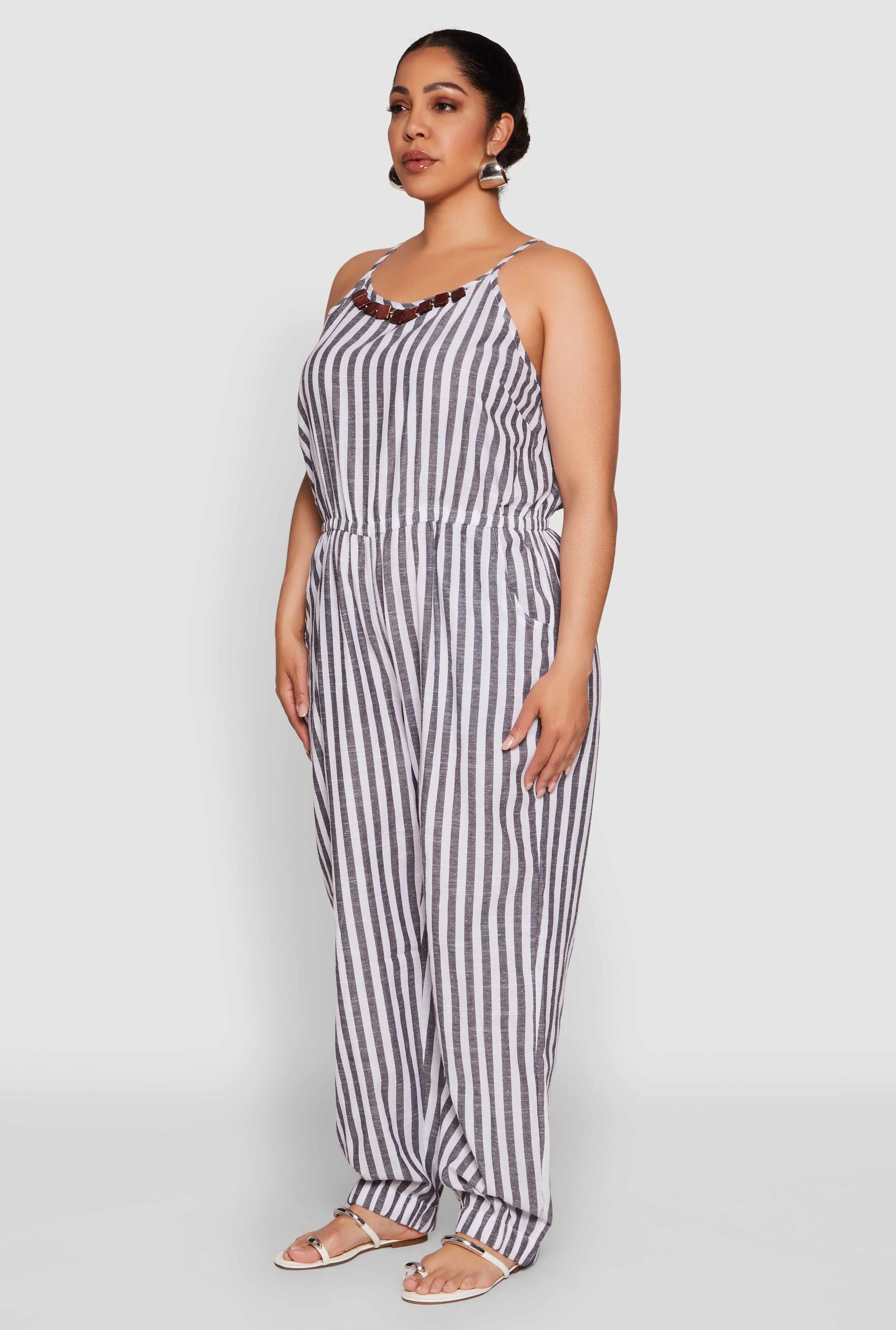 Plus Size Wooden Beaded Detail Striped Jumpsuit