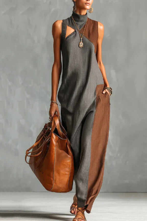 Stylish Color-blocked High-neck Sleeveless Casual Pocket Maxi Dress