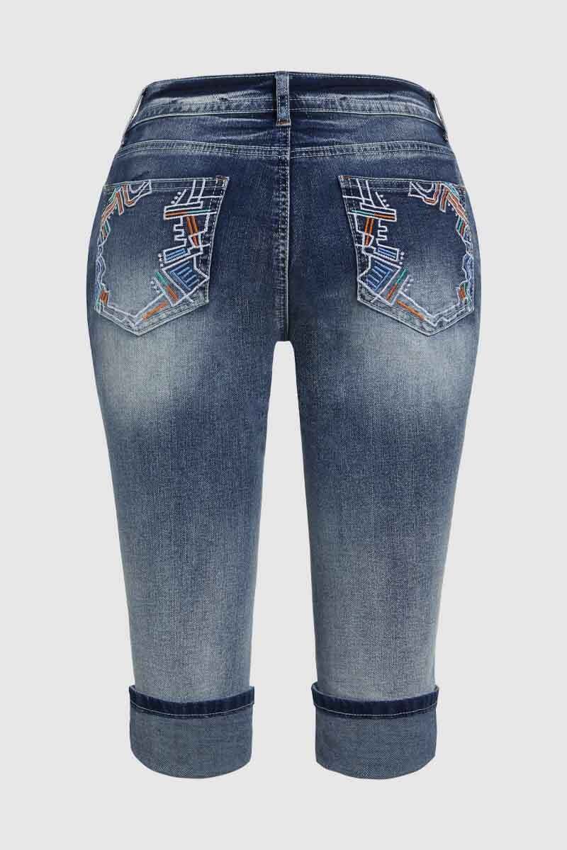 Embroidered Wash High Stretch Low Waist Capri Jeans