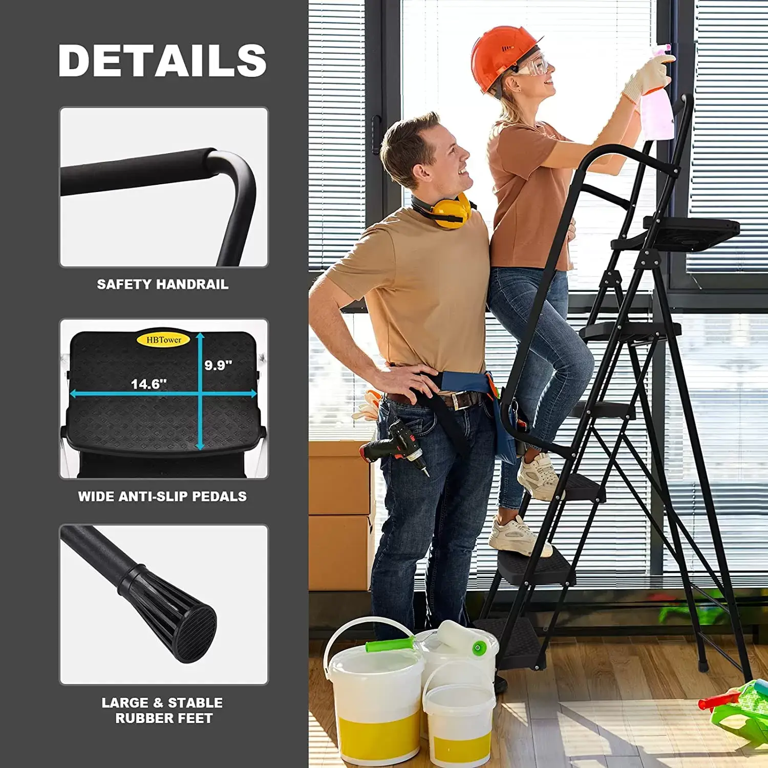 4 Step Ladder, HBTower Folding Step Stool with Tool Platform, Wide Anti-Slip Pedal, Sturdy Steel Ladder, Convenient Handgrip, Lightweight 330lbs Portable Steel Step Stool, Black