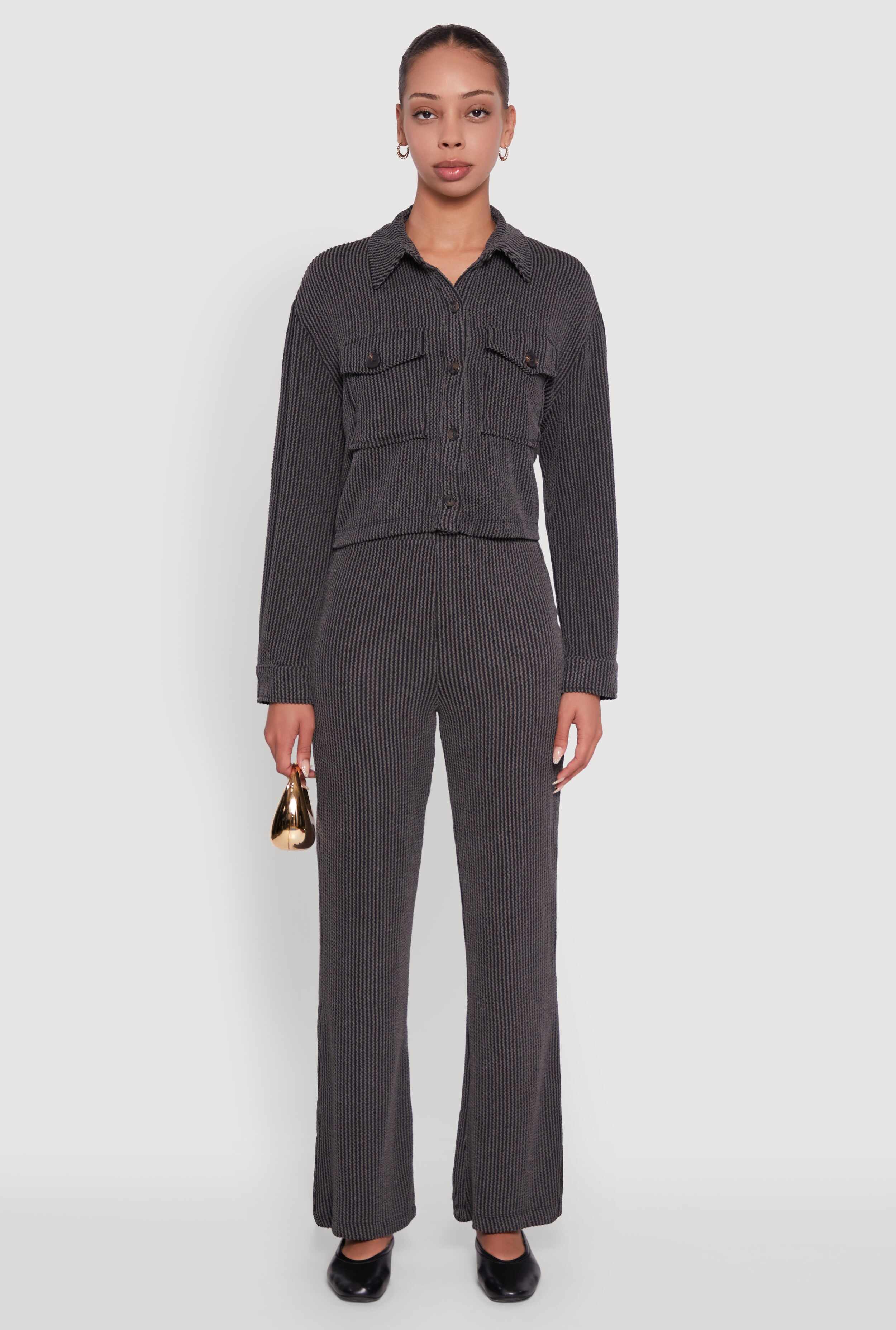 Shadow Stripe Rib Knit Pull On Flare Pants