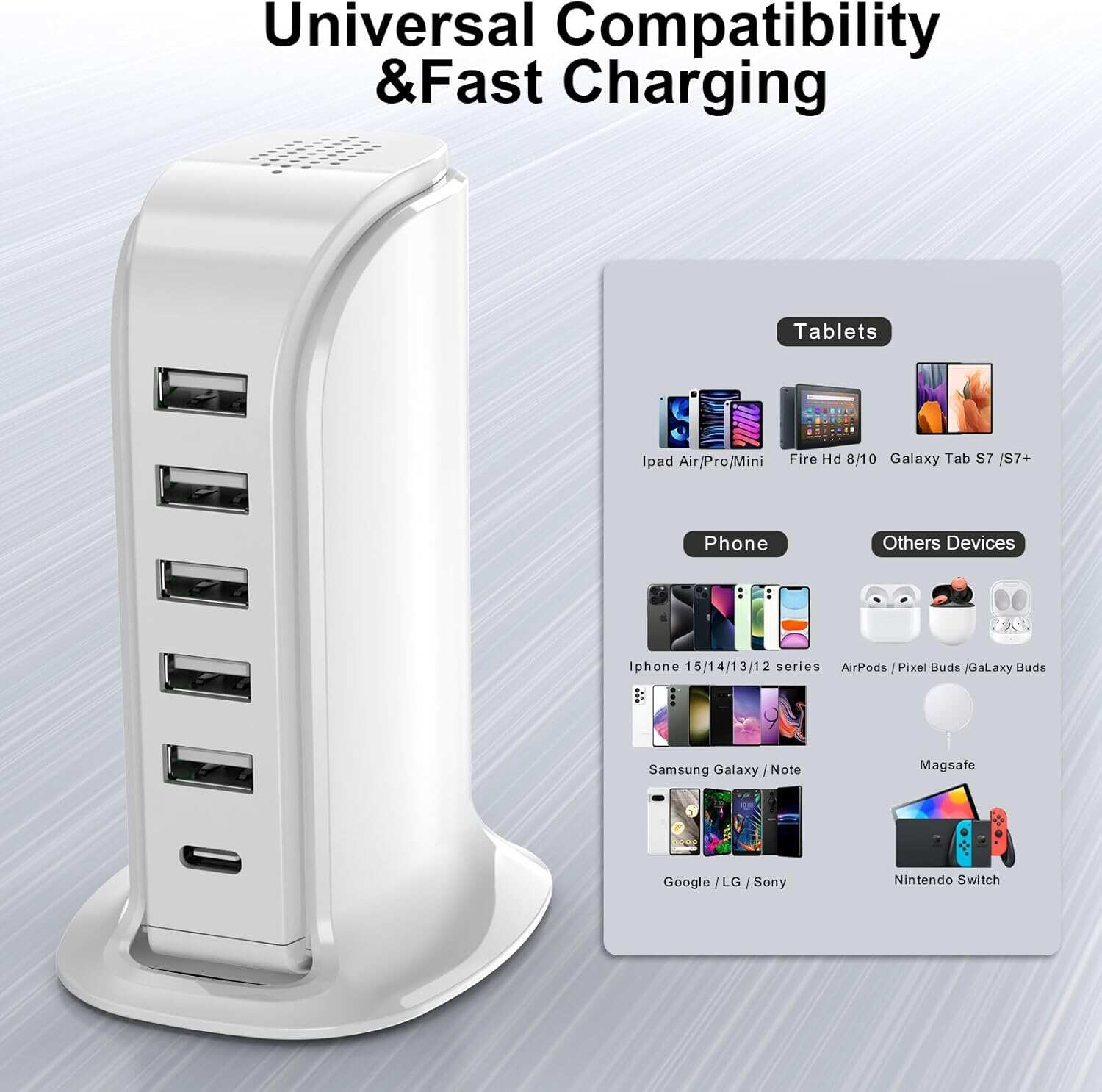 Charger Block 6 in 1 Upoy, 40W USB C Charger 3A, Charging Hub with 5 USB Ports(Shared 6A) for Multiple Electronics, USB Charging Station Multiports, Universal Desktop Phone Charger Travel Ready, Black