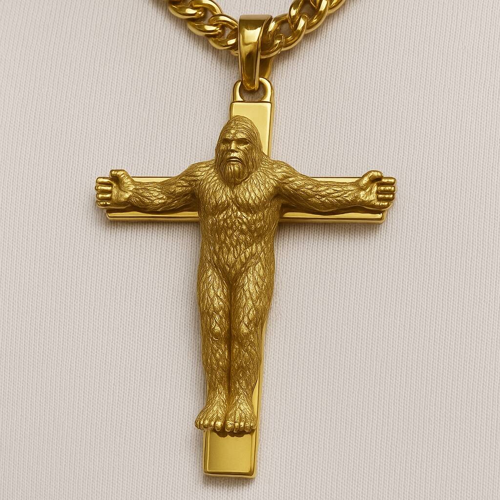 Funny Bigfoot Crucifix Necklace