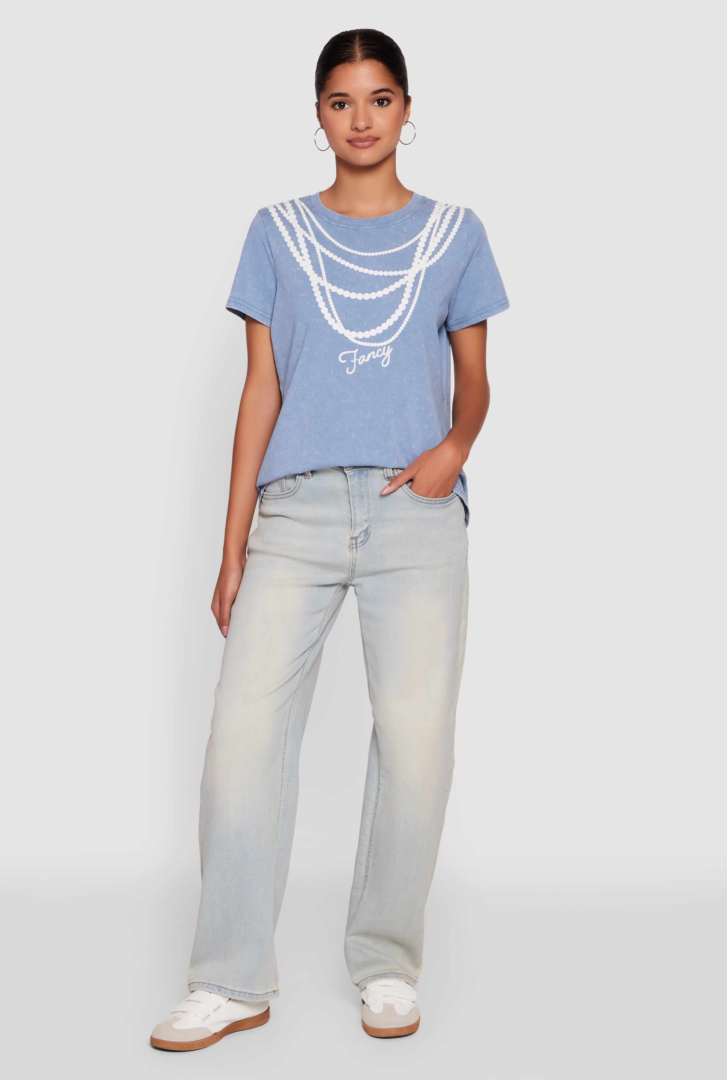 Acid Wash Fancy String Pearl Graphic Tee