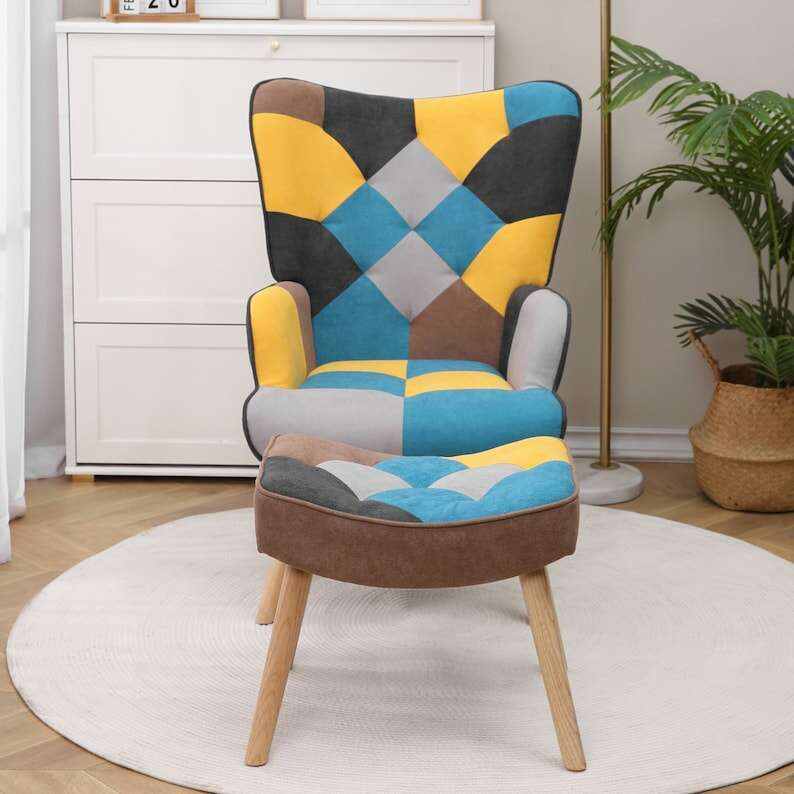 Aurelio Accent Chair with Ottoman, Living Room Chair and Ottoman Set, Comfy Side Armchair for Bedroom, Creative Splicing Cloth Surface