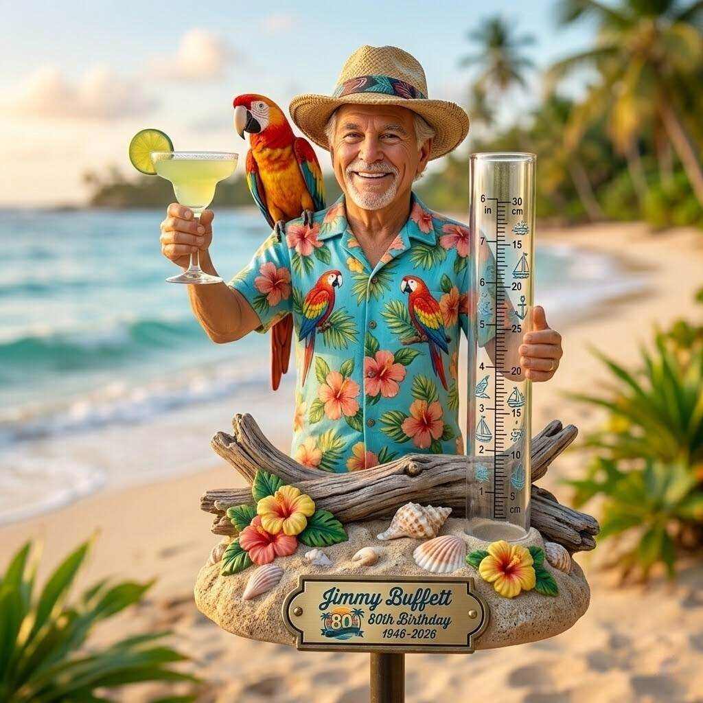 Jimmy Buffett 80th Birthday Rain Gauge Garden Stake