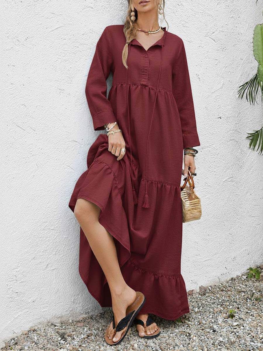 🔥Summer Arrivals🌟Women's Solid Color Round Neck Long Sleeve Casual Loose Cotton Linen Dress