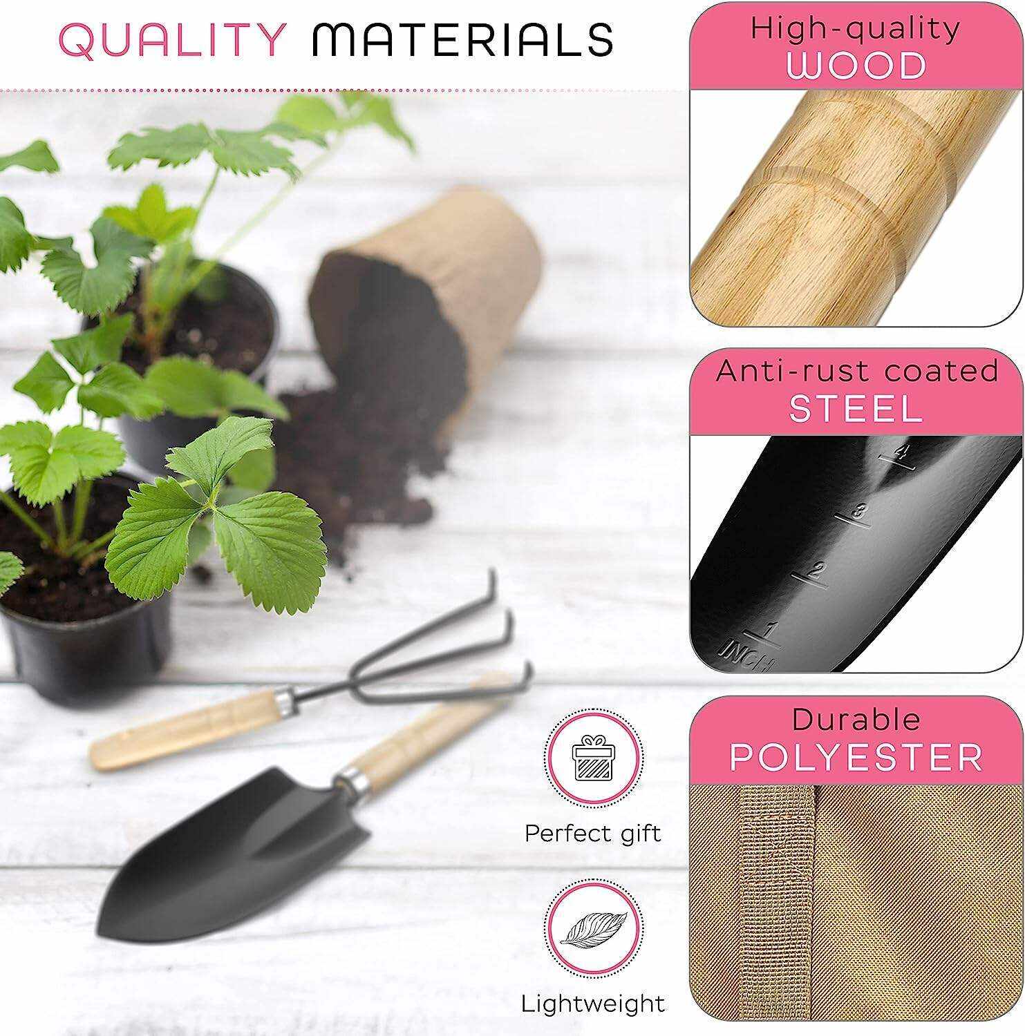 Scuddles Garden Tools Set - 8 Piece Heavy Duty Gardening Kit With Storage Organizer, Ergonomic Hand Digging Weeder Rake Shovel Trowel Sprayer Gloves Gift for Men Or Women