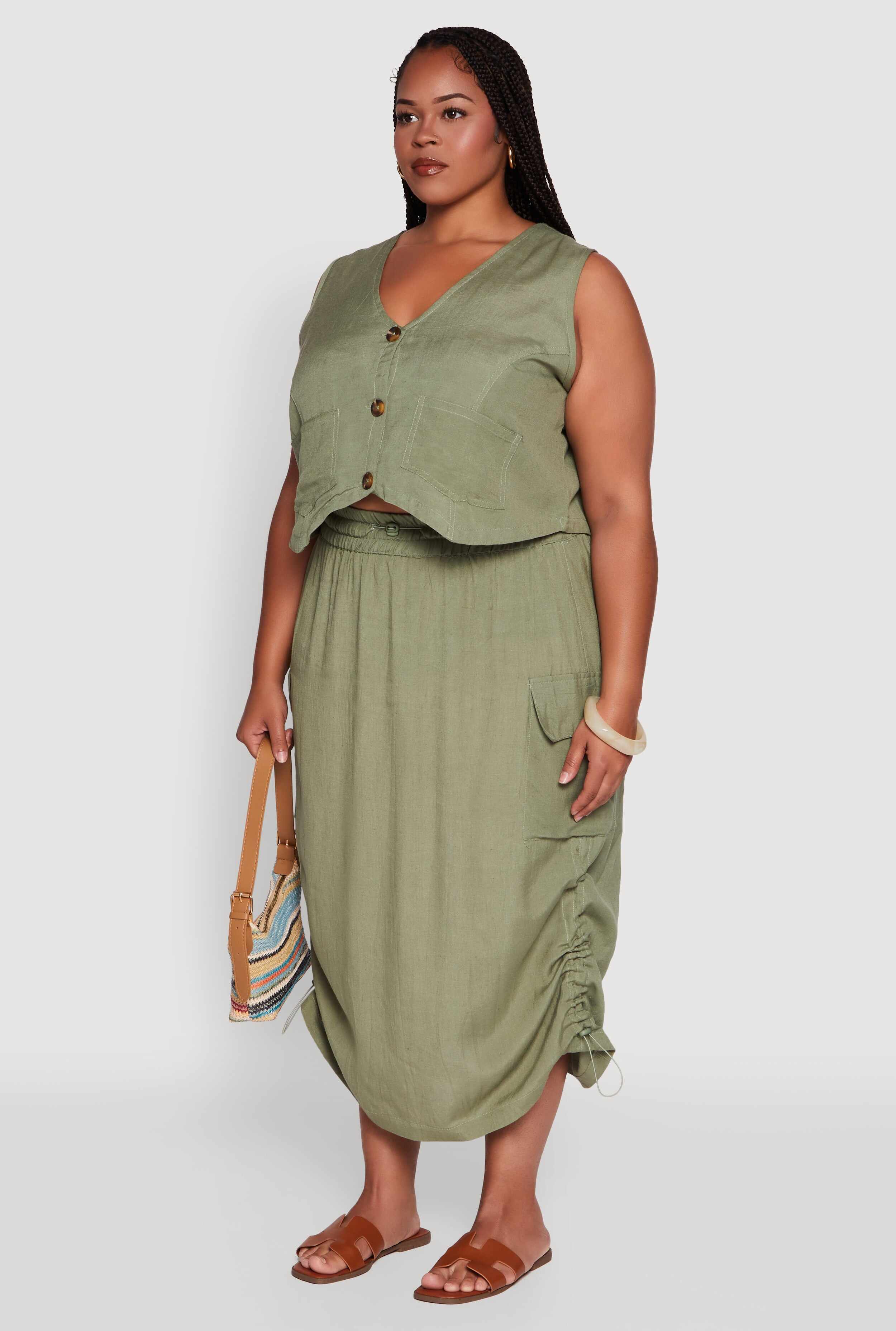 Plus Size Linen V-Neck Cropped Vest