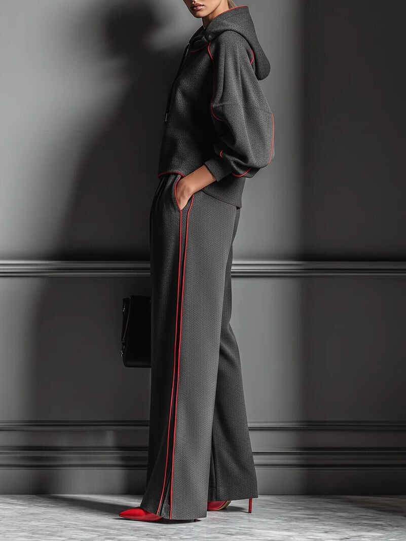 Dark Gray and Red Color-blocked Hooded Sweatshirt and Wide-leg Pants Two-piece Set