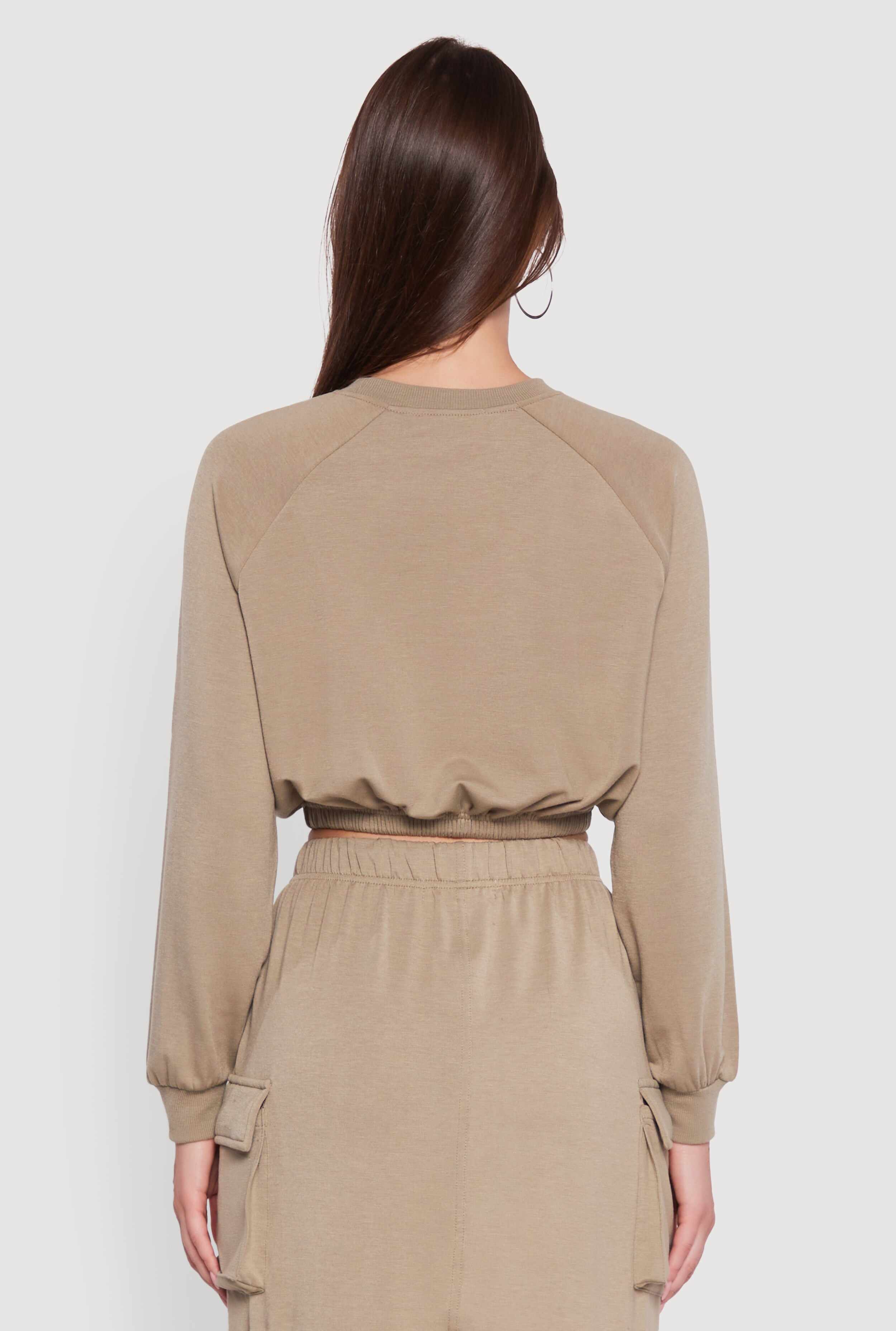 Fleece High Neck Bishop Sleeve Crop Sweatshirt
