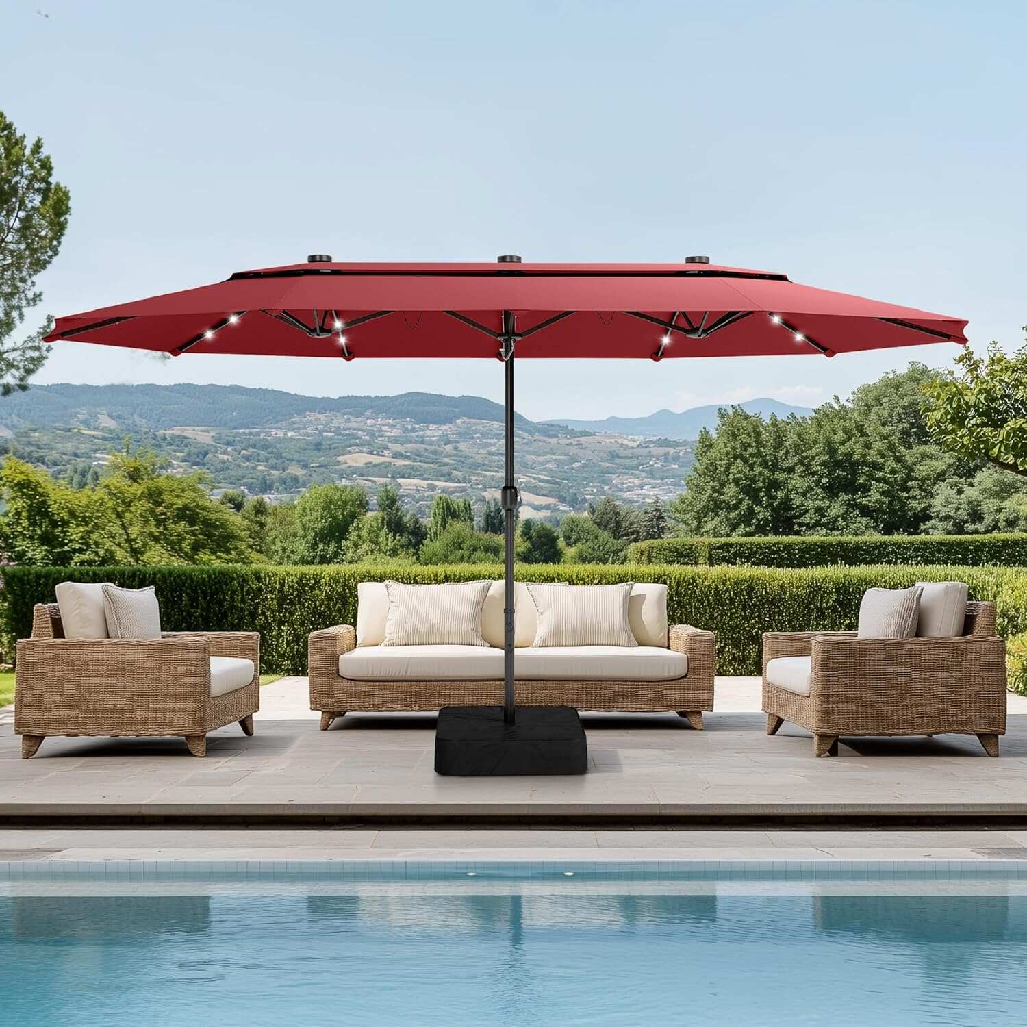 15ft Double-Sided Rectangular Patio Umbrella with Solar LED Lights & Base